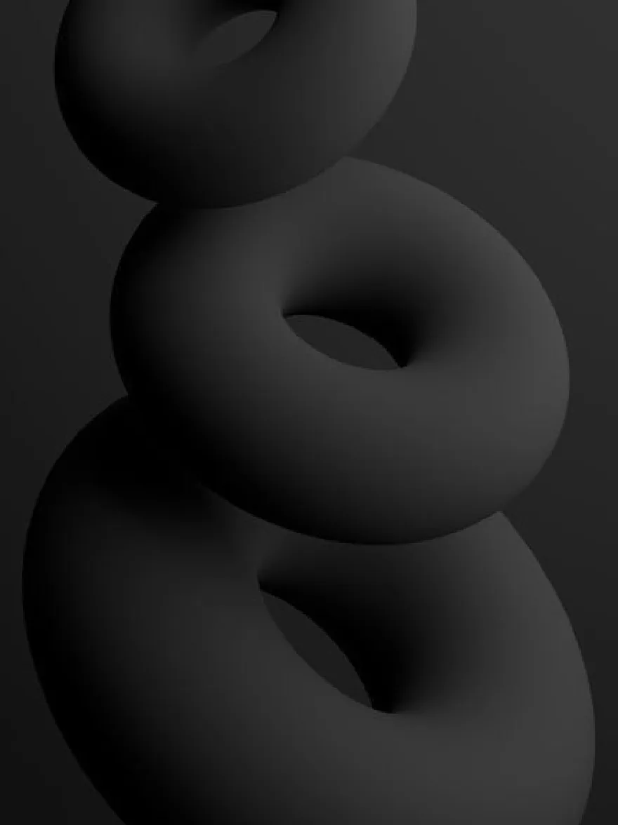 Русский промпт: Photograph of two identical black donuts stacked on top of each other, forming a continuous loop shape, against a dark, minimalist background. The donuts have a smooth, glossy texture and are arranged in a symmetrical manner, with the top donut slightly higher than the bottom donut. The image has a minimalist, monochromatic aesthetic, with a focus on contrast between the two donuts and the dark background. | Original prompt: Photograph of two identical black donuts stacked on top of each other, forming a continuous loop shape, against a dark, minimalist background. The donuts have a smooth, glossy texture and are arranged in a symmetrical manner, with the top donut slightly higher than the bottom donut. The image has a minimalist, monochromatic aesthetic, with a focus on contrast between the two donuts and the dark background.
