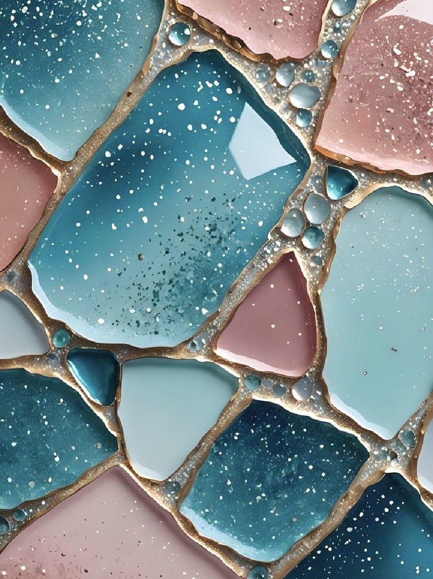 Русский промпт: A close-up view of a seamless pattern composed of irregularly shaped glass tiles in shades of blue, pink, and gold, with water droplets scattered throughout. The tiles are arranged in a mosaic-like pattern, creating a unique and eye-catching design. The colors blend together seamlessly, with the blue and pink tones blending seamlessly into each other. The texture of the tiles is rough and uneven, with some areas appearing rough and others smooth. The overall effect is a beautiful and captivating visual experience. The resolution of the image is high, making it suitable for use as an iPhone wallpaper. | Original prompt: A close-up view of a seamless pattern composed of irregularly shaped glass tiles in shades of blue, pink, and gold, with water droplets scattered throughout. The tiles are arranged in a mosaic-like pattern, creating a unique and eye-catching design. The colors blend together seamlessly, with the blue and pink tones blending seamlessly into each other. The texture of the tiles is rough and uneven, with some areas appearing rough and others smooth. The overall effect is a beautiful and captivating visual experience. The resolution of the image is high, making it suitable for use as an iPhone wallpaper.