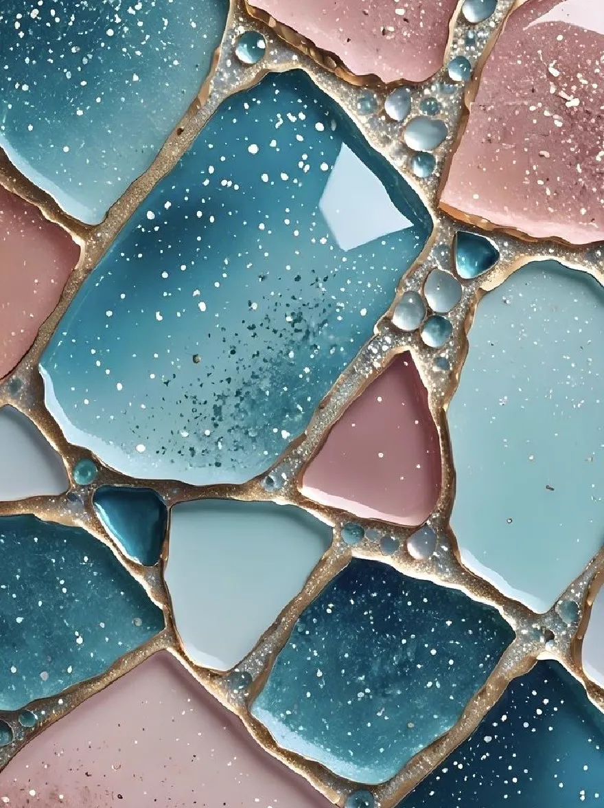 Русский промпт: A close-up view of a seamless pattern composed of irregularly shaped glass tiles in shades of blue, pink, and gold, with water droplets scattered throughout. The tiles are arranged in a mosaic-like pattern, creating a unique and eye-catching design. The colors blend together seamlessly, with the blue and pink tones blending seamlessly into each other. The texture of the tiles is rough and uneven, with some areas appearing rough and others smooth. The overall effect is a beautiful and captivating visual experience. The resolution of the image is high, making it suitable for use as an iPhone wallpaper. | Original prompt: A close-up view of a seamless pattern composed of irregularly shaped glass tiles in shades of blue, pink, and gold, with water droplets scattered throughout. The tiles are arranged in a mosaic-like pattern, creating a unique and eye-catching design. The colors blend together seamlessly, with the blue and pink tones blending seamlessly into each other. The texture of the tiles is rough and uneven, with some areas appearing rough and others smooth. The overall effect is a beautiful and captivating visual experience. The resolution of the image is high, making it suitable for use as an iPhone wallpaper.