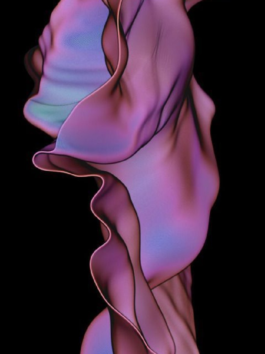 Русский промпт: A photograph of a person's torso and lower body, rendered in a fluid, abstract style with smooth, flowing lines in shades of purple and blue. The background is a solid black, providing a stark contrast to the vibrant colors of the fabric. The person's skin is smooth and silky, with a slight sheen to it. The image has a dreamy, ethereal quality to it, with the colors blending together seamlessly to create a sense of depth and dimensionality. The overall effect is one of fluidity and movement. | Original prompt: A photograph of a person's torso and lower body, rendered in a fluid, abstract style with smooth, flowing lines in shades of purple and blue. The background is a solid black, providing a stark contrast to the vibrant colors of the fabric. The person's skin is smooth and silky, with a slight sheen to it. The image has a dreamy, ethereal quality to it, with the colors blending together seamlessly to create a sense of depth and dimensionality. The overall effect is one of fluidity and movement.