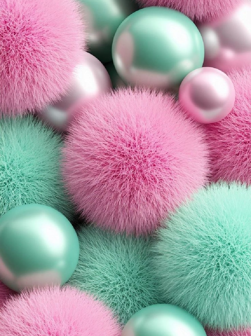 Русский промпт: A close-up of a seamless pattern of pink and mint green fur balls, creating a soft and fuzzy texture. The colors blend seamlessly together, with the pink fur balls being the main focus, while the mint green balls are smaller and more densely packed together. The background is a solid white, providing a stark contrast to the vibrant colors of the fur balls. The image has a high-resolution resolution, making it suitable for use as an iPhone wallpaper. | Original prompt: A close-up of a seamless pattern of pink and mint green fur balls, creating a soft and fuzzy texture. The colors blend seamlessly together, with the pink fur balls being the main focus, while the mint green balls are smaller and more densely packed together. The background is a solid white, providing a stark contrast to the vibrant colors of the fur balls. The image has a high-resolution resolution, making it suitable for use as an iPhone wallpaper.