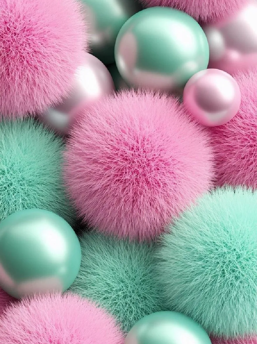 Русский промпт: A close-up of a seamless pattern of pink and mint green fur balls, creating a soft and fuzzy texture. The colors blend seamlessly together, with the pink fur balls being the main focus, while the mint green balls are smaller and more densely packed together. The background is a solid white, providing a stark contrast to the vibrant colors of the fur balls. The image has a high-resolution resolution, making it suitable for use as an iPhone wallpaper. | Original prompt: A close-up of a seamless pattern of pink and mint green fur balls, creating a soft and fuzzy texture. The colors blend seamlessly together, with the pink fur balls being the main focus, while the mint green balls are smaller and more densely packed together. The background is a solid white, providing a stark contrast to the vibrant colors of the fur balls. The image has a high-resolution resolution, making it suitable for use as an iPhone wallpaper.