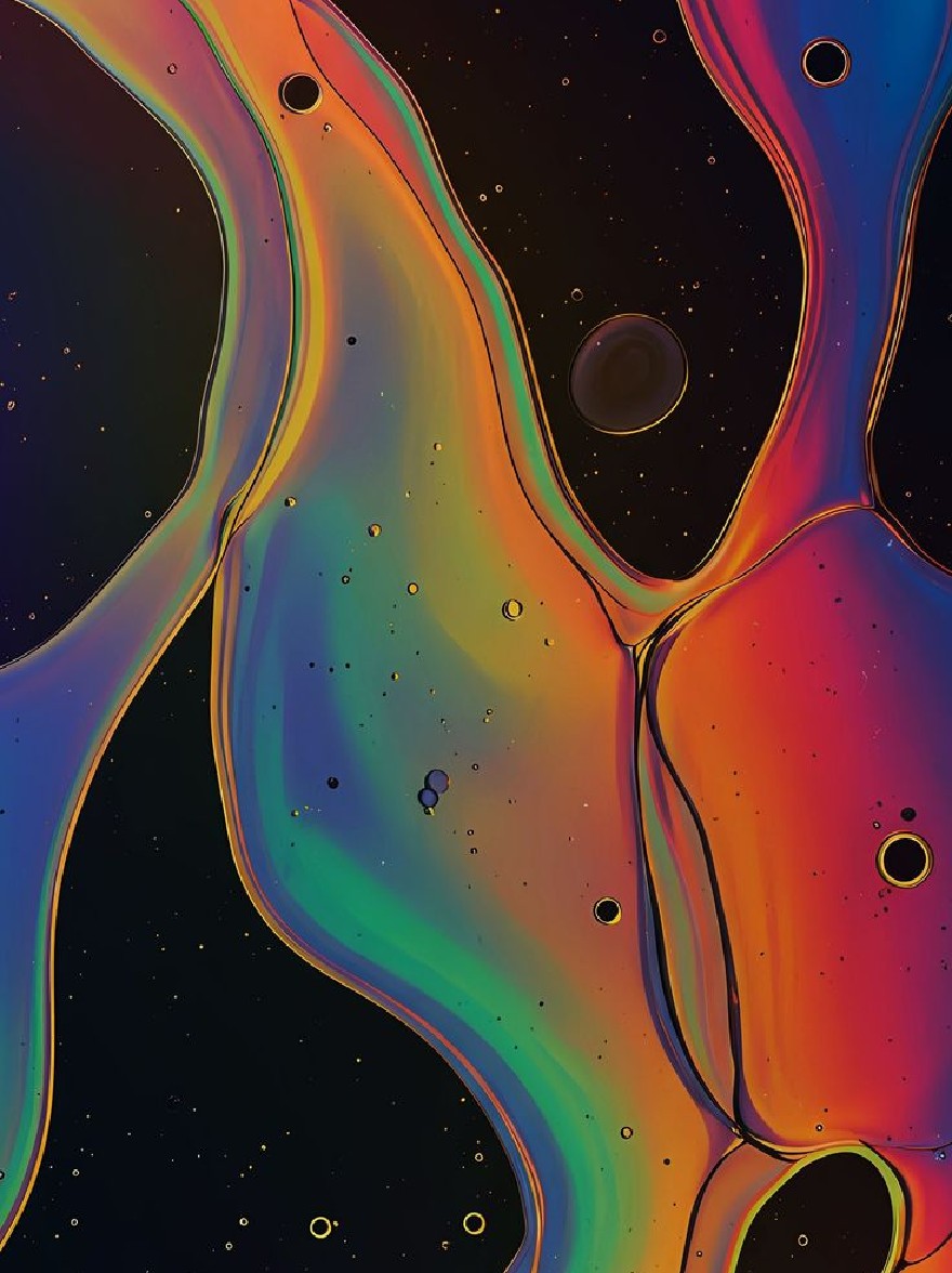 Русский промпт: A vibrant, fluid, abstract painting with a variety of colors, including red, orange, yellow, green, blue, and purple, arranged in a wavy pattern. The background is a deep black with small, dark circles scattered throughout. The colors blend together seamlessly, creating a smooth, fluid texture. The painting has a dreamy, ethereal quality with a sense of depth and dimensionality. The overall effect is one of fluidity and movement. | Original prompt: A vibrant, fluid, abstract painting with a variety of colors, including red, orange, yellow, green, blue, and purple, arranged in a wavy pattern. The background is a deep black with small, dark circles scattered throughout. The colors blend together seamlessly, creating a smooth, fluid texture. The painting has a dreamy, ethereal quality with a sense of depth and dimensionality. The overall effect is one of fluidity and movement.