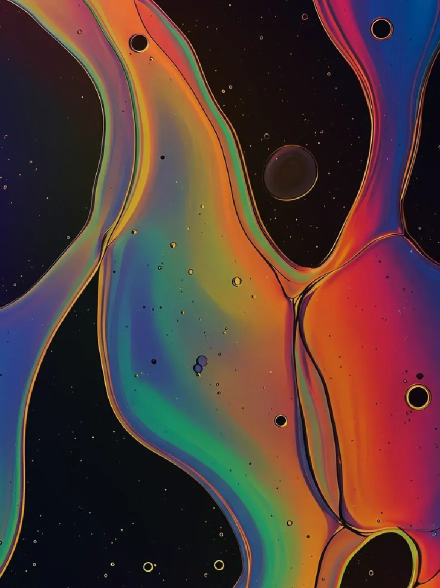 Русский промпт: A vibrant, fluid, abstract painting with a variety of colors, including red, orange, yellow, green, blue, and purple, arranged in a wavy pattern. The background is a deep black with small, dark circles scattered throughout. The colors blend together seamlessly, creating a smooth, fluid texture. The painting has a dreamy, ethereal quality with a sense of depth and dimensionality. The overall effect is one of fluidity and movement. | Original prompt: A vibrant, fluid, abstract painting with a variety of colors, including red, orange, yellow, green, blue, and purple, arranged in a wavy pattern. The background is a deep black with small, dark circles scattered throughout. The colors blend together seamlessly, creating a smooth, fluid texture. The painting has a dreamy, ethereal quality with a sense of depth and dimensionality. The overall effect is one of fluidity and movement.