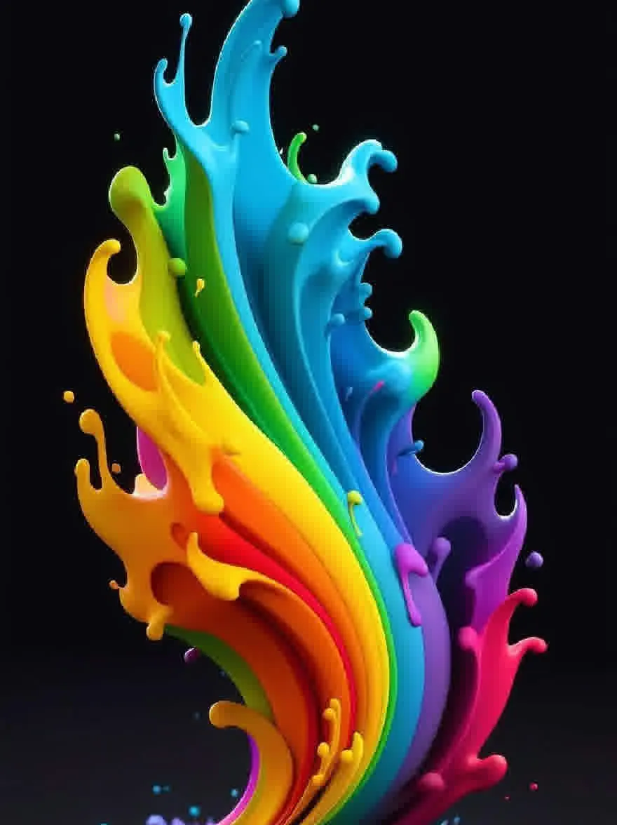 Русский промпт: Фотография яркого радужного жидкости на черном фоне. Всплеск состоит из нескольких цветов, в том числе красного, оранжевого, желтого, зеленого, синего, фиолетового, розового и фиолетового, создавая динамическую и динамическую композицию. Цвета смешиваются вместе, чтобы создать ощущение движения и энергии, с брызгами и каплями жидкости, образующими волнообразную форму. Общий эффект - это энергия и движение, с цветами, без плавно смешивания. Изображение высококачественное и имеет гладкую глянцевую текстуру. | Original prompt: Photo of a vibrant rainbow-colored liquid splash against a black background. The splash is composed of multiple colors, including red, orange, yellow, green, blue, purple, pink, and purple, creating a dynamic and dynamic composition. The colors blend together to create a sense of movement and energy, with splashes and droplets of liquid forming a wave-like shape. The overall effect is one of energy and movement, with the colors blending together seamlessly. The image is high quality and has a smooth, glossy texture.