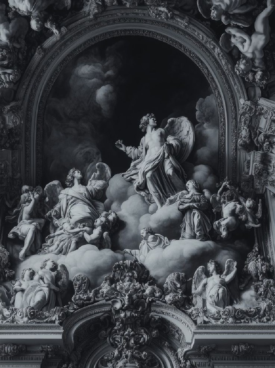 Русский промпт: A black and white photograph of a gothic architectural masterpiece featuring intricate sculptures of angels and cherubs, set against a dark, cloudy sky. The focal point of the image is a large, ornate, Gothic-style dome with columns and intricate carvings. On the center of the dome, a large statue of an angelic figure stands with wings spread wide, surrounded by smaller figures of angels. The figure appears to be in a state of contemplation, with their heads bowed and their hands clasped together in prayer. The scene is set in a grand, opulent building with ornate details and a dramatic, ethereal atmosphere. The lighting is dramatic, highlighting the intricate details of the figures and the clouds. | Original prompt: A black and white photograph of a gothic architectural masterpiece featuring intricate sculptures of angels and cherubs, set against a dark, cloudy sky. The focal point of the image is a large, ornate, Gothic-style dome with columns and intricate carvings. On the center of the dome, a large statue of an angelic figure stands with wings spread wide, surrounded by smaller figures of angels. The figure appears to be in a state of contemplation, with their heads bowed and their hands clasped together in prayer. The scene is set in a grand, opulent building with ornate details and a dramatic, ethereal atmosphere. The lighting is dramatic, highlighting the intricate details of the figures and the clouds.