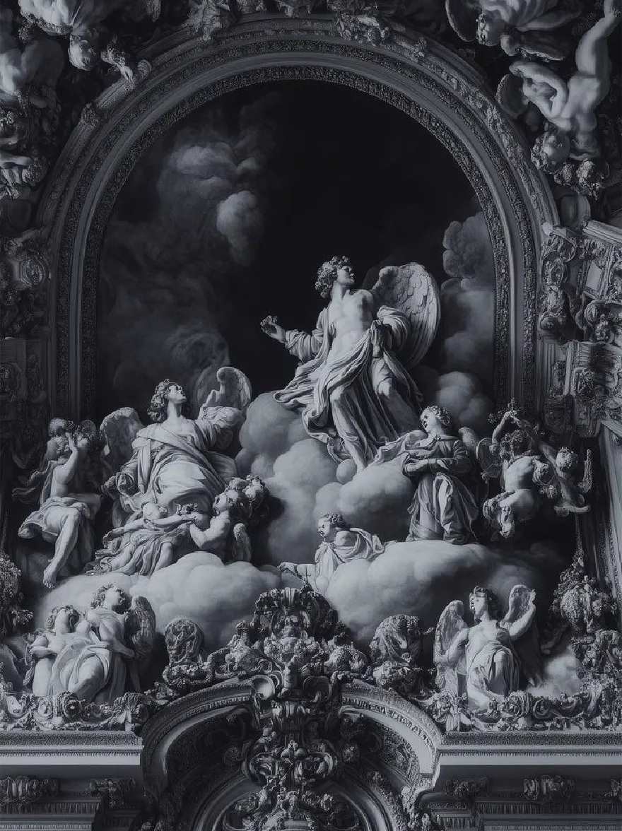 Русский промпт: A black and white photograph of a gothic architectural masterpiece featuring intricate sculptures of angels and cherubs, set against a dark, cloudy sky. The focal point of the image is a large, ornate, Gothic-style dome with columns and intricate carvings. On the center of the dome, a large statue of an angelic figure stands with wings spread wide, surrounded by smaller figures of angels. The figure appears to be in a state of contemplation, with their heads bowed and their hands clasped together in prayer. The scene is set in a grand, opulent building with ornate details and a dramatic, ethereal atmosphere. The lighting is dramatic, highlighting the intricate details of the figures and the clouds. | Original prompt: A black and white photograph of a gothic architectural masterpiece featuring intricate sculptures of angels and cherubs, set against a dark, cloudy sky. The focal point of the image is a large, ornate, Gothic-style dome with columns and intricate carvings. On the center of the dome, a large statue of an angelic figure stands with wings spread wide, surrounded by smaller figures of angels. The figure appears to be in a state of contemplation, with their heads bowed and their hands clasped together in prayer. The scene is set in a grand, opulent building with ornate details and a dramatic, ethereal atmosphere. The lighting is dramatic, highlighting the intricate details of the figures and the clouds.