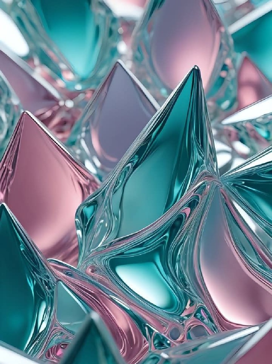 Русский промпт: A close-up of a group of triangular, faceted glass bottles in various shades of blue, pink, and turquoise, arranged in a symmetrical pattern. The bottles have a glossy, reflective surface with wavy lines running through them, creating a mesmerizing effect. The background is blurred, allowing the bottles to stand out in the foreground. The colors blend seamlessly together to create a sense of depth and dimensionality, making the bottles stand out even more. The image has a dreamy, ethereal quality, with a focus on the intricate shapes and textures of the bottles. | Original prompt: A close-up of a group of triangular, faceted glass bottles in various shades of blue, pink, and turquoise, arranged in a symmetrical pattern. The bottles have a glossy, reflective surface with wavy lines running through them, creating a mesmerizing effect. The background is blurred, allowing the bottles to stand out in the foreground. The colors blend seamlessly together to create a sense of depth and dimensionality, making the bottles stand out even more. The image has a dreamy, ethereal quality, with a focus on the intricate shapes and textures of the bottles.