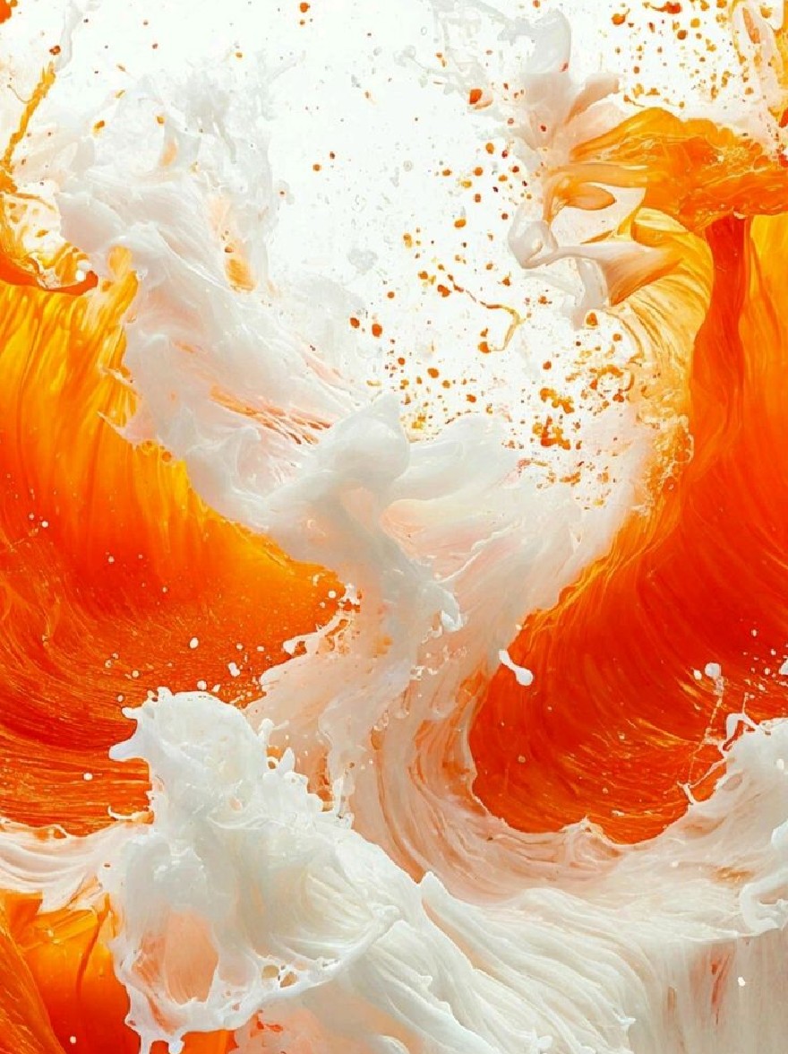 Русский промпт: A vibrant, dynamic painting with a mix of orange and white hues, creating an abstract and dynamic composition. The colors blend together to create a sense of movement and energy, with splashes of white and orange fluid creating a mesmerizing effect. The background is a solid white, providing a stark contrast to the vivid colors. The painting is highly detailed and captivating, with a focus on fluidity and movement. The overall effect is one of energy and movement, with the colors blending together seamlessly into one another. | Original prompt: A vibrant, dynamic painting with a mix of orange and white hues, creating an abstract and dynamic composition. The colors blend together to create a sense of movement and energy, with splashes of white and orange fluid creating a mesmerizing effect. The background is a solid white, providing a stark contrast to the vivid colors. The painting is highly detailed and captivating, with a focus on fluidity and movement. The overall effect is one of energy and movement, with the colors blending together seamlessly into one another.