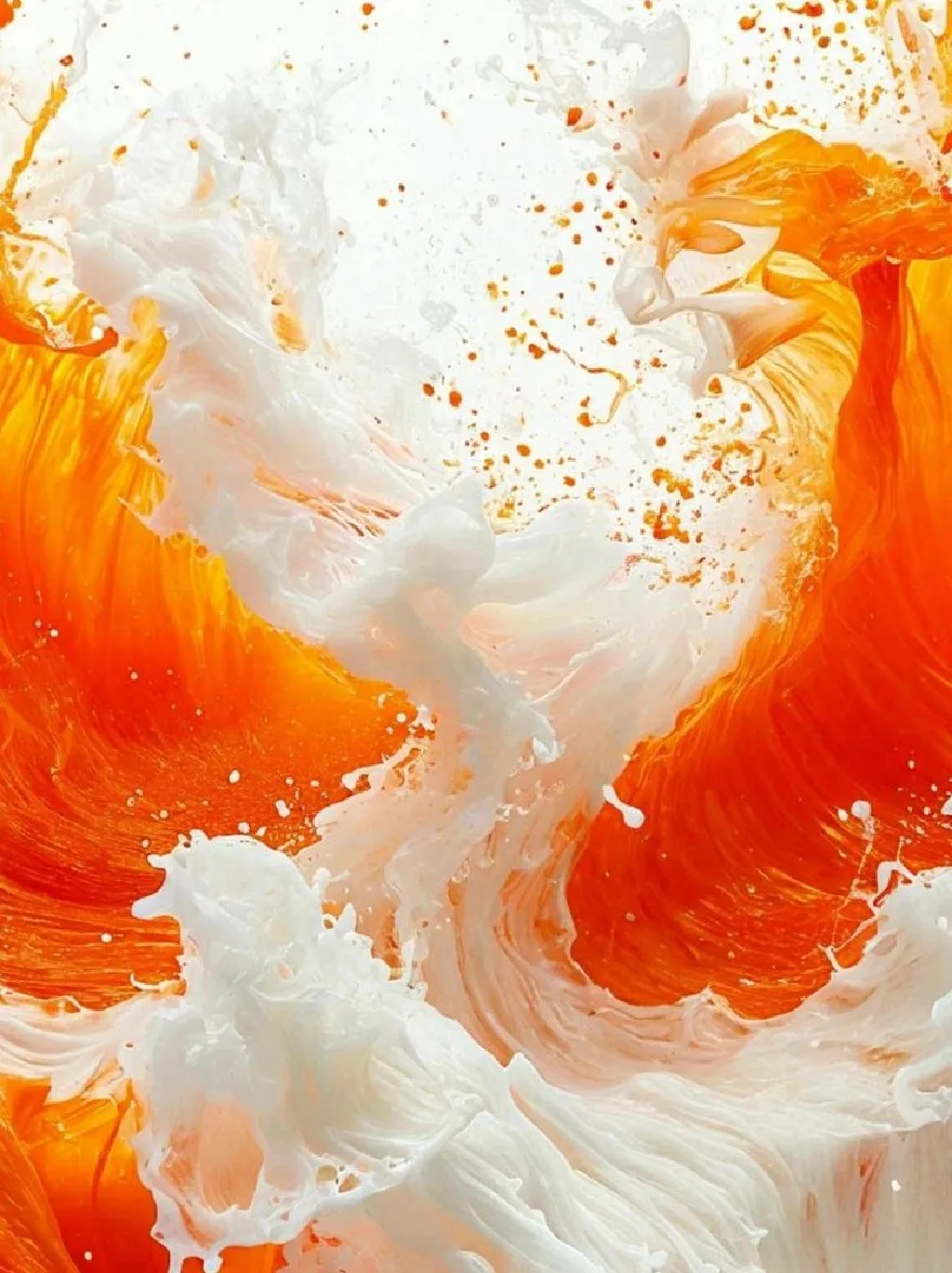 Русский промпт: A vibrant, dynamic painting with a mix of orange and white hues, creating an abstract and dynamic composition. The colors blend together to create a sense of movement and energy, with splashes of white and orange fluid creating a mesmerizing effect. The background is a solid white, providing a stark contrast to the vivid colors. The painting is highly detailed and captivating, with a focus on fluidity and movement. The overall effect is one of energy and movement, with the colors blending together seamlessly into one another. | Original prompt: A vibrant, dynamic painting with a mix of orange and white hues, creating an abstract and dynamic composition. The colors blend together to create a sense of movement and energy, with splashes of white and orange fluid creating a mesmerizing effect. The background is a solid white, providing a stark contrast to the vivid colors. The painting is highly detailed and captivating, with a focus on fluidity and movement. The overall effect is one of energy and movement, with the colors blending together seamlessly into one another.