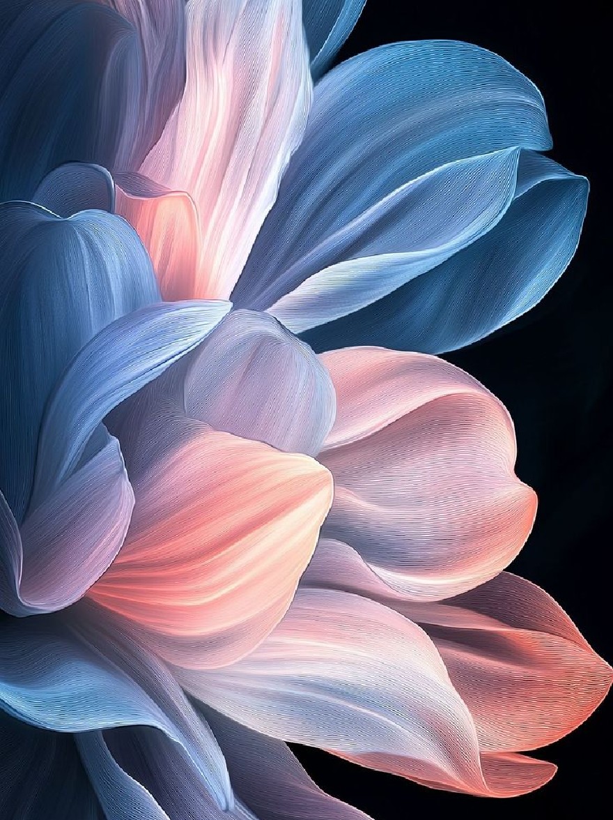 Русский промпт: A close-up photograph of a vibrant, abstract flower with a soft, wavy texture in shades of blue and pink. The petals are arranged in a symmetrical pattern, with each petal slightly overlapping the one below it. The background is a deep, dark black, providing a stark contrast to the vivid colors of the flowers. The lighting is soft and ethereal, highlighting the delicate curves of the petals and creating a sense of depth and dimensionality. The overall effect is one of beauty and serenity. | Original prompt: A close-up photograph of a vibrant, abstract flower with a soft, wavy texture in shades of blue and pink. The petals are arranged in a symmetrical pattern, with each petal slightly overlapping the one below it. The background is a deep, dark black, providing a stark contrast to the vivid colors of the flowers. The lighting is soft and ethereal, highlighting the delicate curves of the petals and creating a sense of depth and dimensionality. The overall effect is one of beauty and serenity.