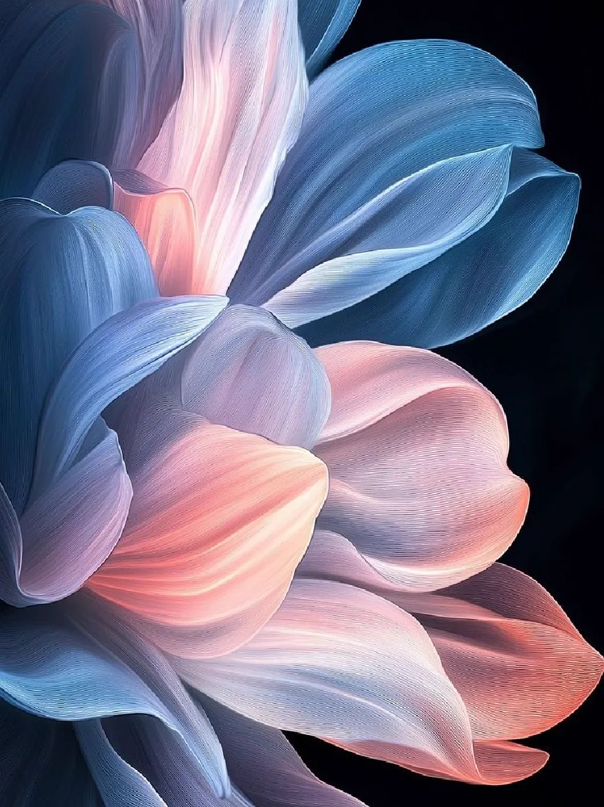 Русский промпт: A close-up photograph of a vibrant, abstract flower with a soft, wavy texture in shades of blue and pink. The petals are arranged in a symmetrical pattern, with each petal slightly overlapping the one below it. The background is a deep, dark black, providing a stark contrast to the vivid colors of the flowers. The lighting is soft and ethereal, highlighting the delicate curves of the petals and creating a sense of depth and dimensionality. The overall effect is one of beauty and serenity. | Original prompt: A close-up photograph of a vibrant, abstract flower with a soft, wavy texture in shades of blue and pink. The petals are arranged in a symmetrical pattern, with each petal slightly overlapping the one below it. The background is a deep, dark black, providing a stark contrast to the vivid colors of the flowers. The lighting is soft and ethereal, highlighting the delicate curves of the petals and creating a sense of depth and dimensionality. The overall effect is one of beauty and serenity.