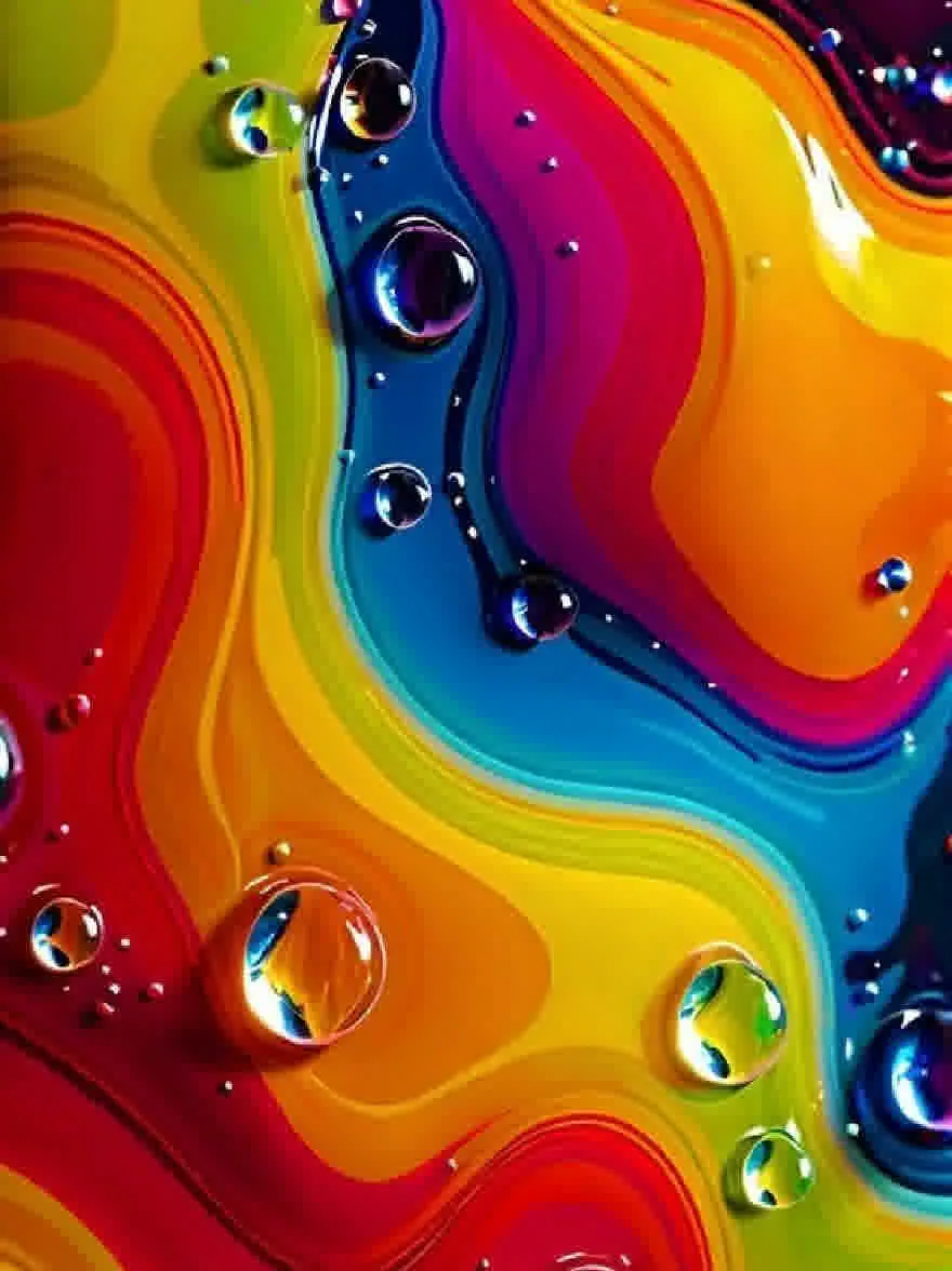 Русский промпт: Яркий, абстрактный, красочный фон с волнистыми линиями и каплями воды. Цвета яркие и яркие, со смесью красного, оранжевого, желтого, зеленого, синего, фиолетового и желтого оттенка. Фон имеет гладкую, плавную текстуру с глянцевой отделкой. Капли разбросаны по поверхности, блестящие капли воды. Общий эффект - это текучесть и движение, с цветами, смешивающимися вместе, чтобы создать завораживающий эффект. Разрешение изображения высокое, что делает его подходящим для использования в качестве обоев для iPhone. | Original prompt: A vibrant, abstract, colorful background with wavy lines and droplets of water. The colors are bright and vivid, with a mix of red, orange, yellow, green, blue, purple, and yellow hues. The background has a smooth, fluid texture with a glossy finish. The droplets are scattered across the surface, glistening with water droplets. The overall effect is one of fluidity and movement, with the colors blending together to create a mesmerizing effect. The resolution of the image is high, making it suitable for use as an iPhone wallpaper.