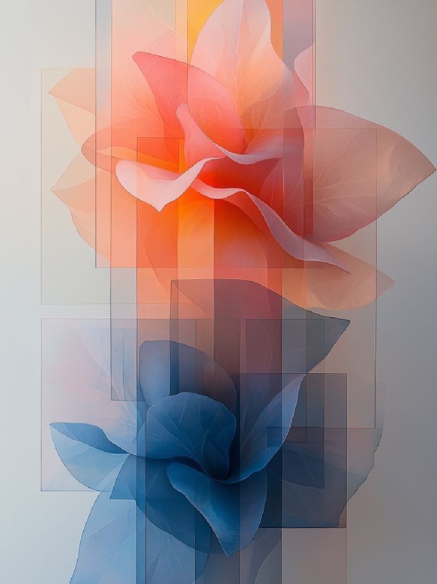 Русский промпт: Photograph of two abstract flowers composed of overlapping geometric shapes in shades of pink and blue, set against a gradient background of light grey. The flowers are composed of thin, translucent lines that create a geometric pattern, with the pink flower in the center and the blue flower on either side. The colors blend seamlessly into each other, creating a visually pleasing composition. The image has a soft, dreamy quality, with a minimalist aesthetic. The overall effect is one of elegance and sophistication. | Original prompt: Photograph of two abstract flowers composed of overlapping geometric shapes in shades of pink and blue, set against a gradient background of light grey. The flowers are composed of thin, translucent lines that create a geometric pattern, with the pink flower in the center and the blue flower on either side. The colors blend seamlessly into each other, creating a visually pleasing composition. The image has a soft, dreamy quality, with a minimalist aesthetic. The overall effect is one of elegance and sophistication.