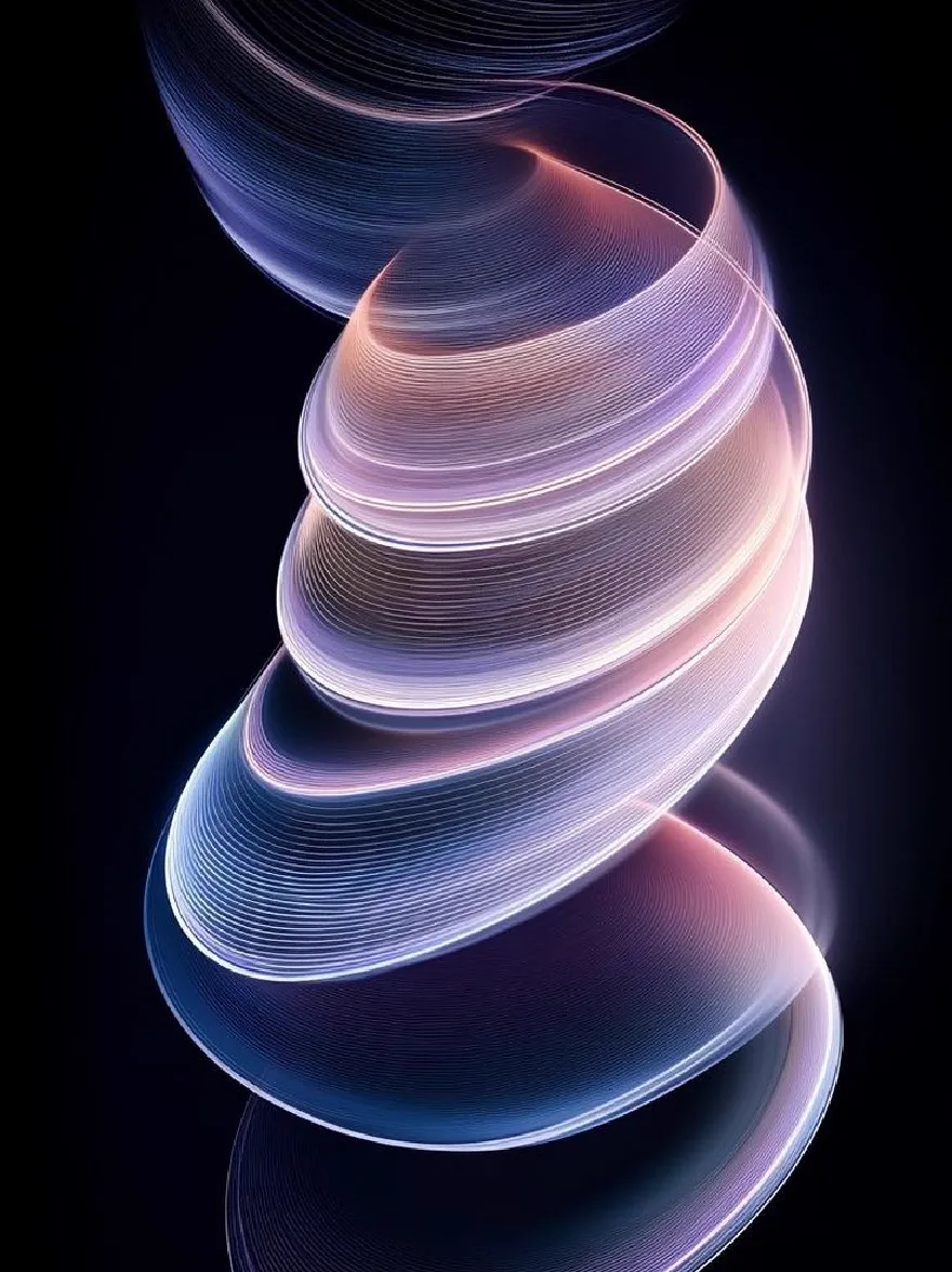 Русский промпт: Photograph of a spiral structure composed of thin, wavy lines in shades of blue, pink, and purple, creating a mesmerizing effect. The lines are arranged in a symmetrical pattern, winding around each other in a continuous loop. The background is a deep, dark black, providing a stark contrast to the vibrant colors of the lines. The image has a high-quality, abstract feel with a sense of depth and dimensionality. | Original prompt: Photograph of a spiral structure composed of thin, wavy lines in shades of blue, pink, and purple, creating a mesmerizing effect. The lines are arranged in a symmetrical pattern, winding around each other in a continuous loop. The background is a deep, dark black, providing a stark contrast to the vibrant colors of the lines. The image has a high-quality, abstract feel with a sense of depth and dimensionality.