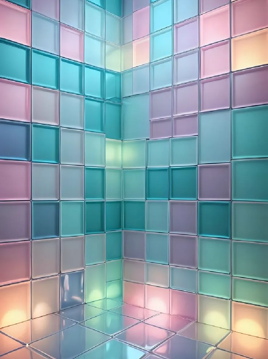 Русский промпт: Photo of a brightly lit room with a modern, minimalist aesthetic. The walls are made up of glass blocks in various shades of blue, pink, and green, arranged in a grid-like pattern. The floor is made of mirrored tiles, reflecting the light and creating a shimmering effect. The room is well-lit with soft, warm lighting, creating a calming atmosphere. The image is high quality and has a dreamy, ethereal quality. | Original prompt: Photo of a brightly lit room with a modern, minimalist aesthetic. The walls are made up of glass blocks in various shades of blue, pink, and green, arranged in a grid-like pattern. The floor is made of mirrored tiles, reflecting the light and creating a shimmering effect. The room is well-lit with soft, warm lighting, creating a calming atmosphere. The image is high quality and has a dreamy, ethereal quality.