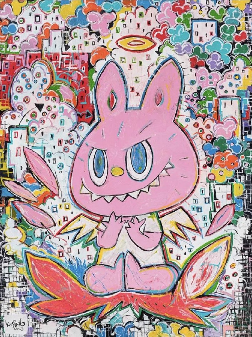 Русский промпт: A vibrant, whimsical painting of a cute, pink, chubby, anthropomorphic Pokemon character with large, expressive blue eyes and a small, angular mouth. The character is sitting in the center of the frame, surrounded by a multitude of colorful, abstract shapes and patterns in shades of pink, blue, yellow, green, and white. The background is filled with a mix of abstract shapes such as squares, rectangles, and rectangles in various colors, creating a chaotic, chaotic atmosphere. The artwork is done in a playful, pop art style with a focus on the character's expressive features and playful expression. The artist's signature is visible in the bottom left corner, adding a personal touch to the artwork. | Original prompt: A vibrant, whimsical painting of a cute, pink, chubby, anthropomorphic Pokemon character with large, expressive blue eyes and a small, angular mouth. The character is sitting in the center of the frame, surrounded by a multitude of colorful, abstract shapes and patterns in shades of pink, blue, yellow, green, and white. The background is filled with a mix of abstract shapes such as squares, rectangles, and rectangles in various colors, creating a chaotic, chaotic atmosphere. The artwork is done in a playful, pop art style with a focus on the character's expressive features and playful expression. The artist's signature is visible in the bottom left corner, adding a personal touch to the artwork.