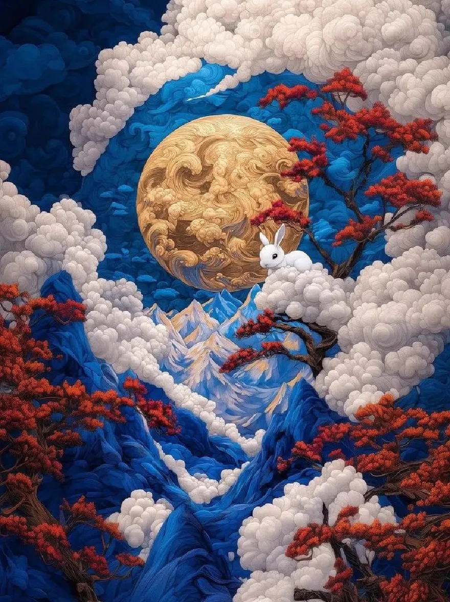 Русский промпт: A surreal digital illustration featuring a white rabbit perched atop a tree in the middle of a mountainous landscape, surrounded by fluffy white clouds and a large, golden full moon. The background is a deep blue, with snow-capped peaks and a winding river running through the valley below. The colors are vibrant and detailed, with a dreamy, ethereal quality. The scene is peaceful and serene, perfect for a midsummer night's dream. | Original prompt: A surreal digital illustration featuring a white rabbit perched atop a tree in the middle of a mountainous landscape, surrounded by fluffy white clouds and a large, golden full moon. The background is a deep blue, with snow-capped peaks and a winding river running through the valley below. The colors are vibrant and detailed, with a dreamy, ethereal quality. The scene is peaceful and serene, perfect for a midsummer night's dream.