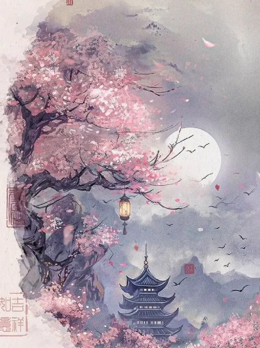 Русский промпт: A beautiful digital painting of a Chinese landscape featuring a pagoda surrounded by cherry blossom trees in full bloom, with a full moon in the background. The painting is done in a watercolor style with soft, muted colors and delicate brushstrokes. The pagoda is a traditional Chinese architecture with intricate details and a tall, ornate roof. The cherry blossoms are in various stages of blooming, with delicate petals in shades of pink and white. A lantern hangs from one of the branches, casting a warm glow over the scene. The sky is filled with fluffy white clouds, and a few birds are flying around the pagoda. On the bottom left corner of the image, Chinese characters are written in traditional Chinese calligraphy, adding a touch of elegance to the artwork. The overall mood is peaceful and serene, evoking a sense of romance and tranquility. | Original prompt: A beautiful digital painting of a Chinese landscape featuring a pagoda surrounded by cherry blossom trees in full bloom, with a full moon in the background. The painting is done in a watercolor style with soft, muted colors and delicate brushstrokes. The pagoda is a traditional Chinese architecture with intricate details and a tall, ornate roof. The cherry blossoms are in various stages of blooming, with delicate petals in shades of pink and white. A lantern hangs from one of the branches, casting a warm glow over the scene. The sky is filled with fluffy white clouds, and a few birds are flying around the pagoda. On the bottom left corner of the image, Chinese characters are written in traditional Chinese calligraphy, adding a touch of elegance to the artwork. The overall mood is peaceful and serene, evoking a sense of romance and tranquility.
