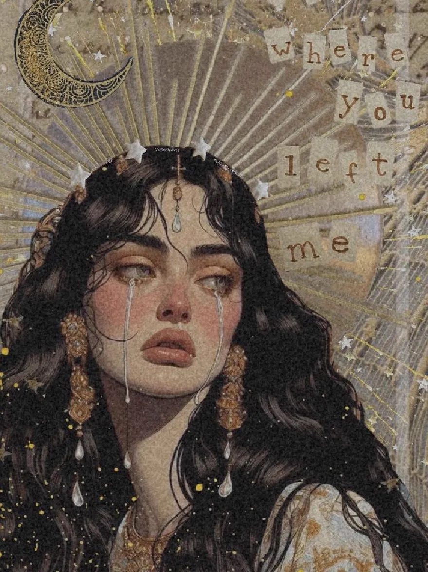 Русский промпт: A digital illustration of a woman with long, wavy black hair, wearing a white and gold dress with intricate patterns, adorned with dangling earrings and a headpiece with a crescent moon. Her expression is melancholic, with tears streaming down her face. The background is a mix of gold and silver tones, with a vintage, grungy texture. On the right side of the image, there is text that reads "Right where you left me." The style is reminiscent of bohemian art, with intricate details and a dreamy, ethereal atmosphere. | Original prompt: A digital illustration of a woman with long, wavy black hair, wearing a white and gold dress with intricate patterns, adorned with dangling earrings and a headpiece with a crescent moon. Her expression is melancholic, with tears streaming down her face. The background is a mix of gold and silver tones, with a vintage, grungy texture. On the right side of the image, there is text that reads "Right where you left me." The style is reminiscent of bohemian art, with intricate details and a dreamy, ethereal atmosphere.