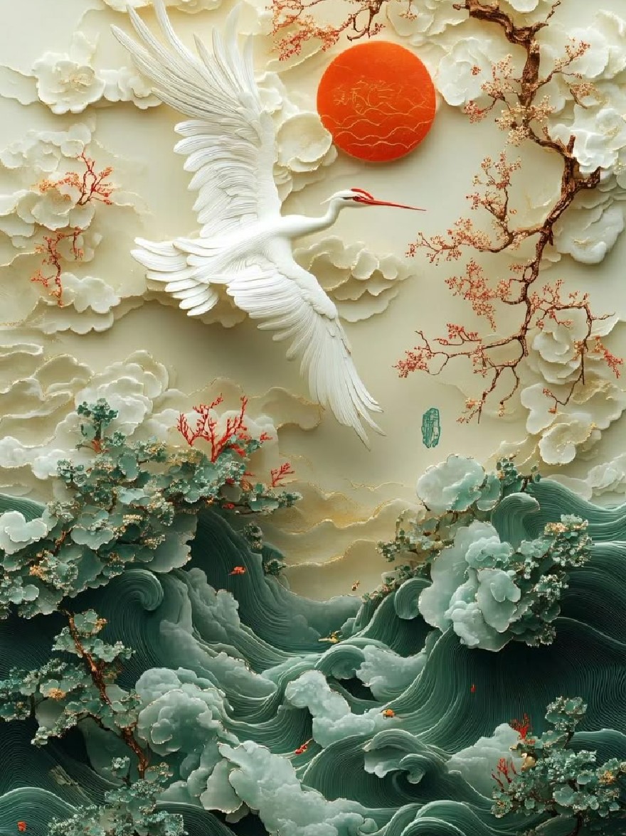 Русский промпт: A large, majestic white crane flying over a vast expanse of turbulent ocean waves, with a bright orange sun in the background. The crane has a long, slender neck and a long beak, and its wings are spread wide as it soars through the air. The scene is set against a backdrop of swirling clouds and vibrant coral-colored trees. The overall effect is one of serenity and beauty, with the crane's graceful movements and the vastness of the ocean below. The colors are vivid and captivating, with shades of blue, green, and white, creating a sense of depth and movement. The artwork is highly detailed and realistic, with intricate textures and shading that bring the scene to life. | Original prompt: A large, majestic white crane flying over a vast expanse of turbulent ocean waves, with a bright orange sun in the background. The crane has a long, slender neck and a long beak, and its wings are spread wide as it soars through the air. The scene is set against a backdrop of swirling clouds and vibrant coral-colored trees. The overall effect is one of serenity and beauty, with the crane's graceful movements and the vastness of the ocean below. The colors are vivid and captivating, with shades of blue, green, and white, creating a sense of depth and movement. The artwork is highly detailed and realistic, with intricate textures and shading that bring the scene to life.