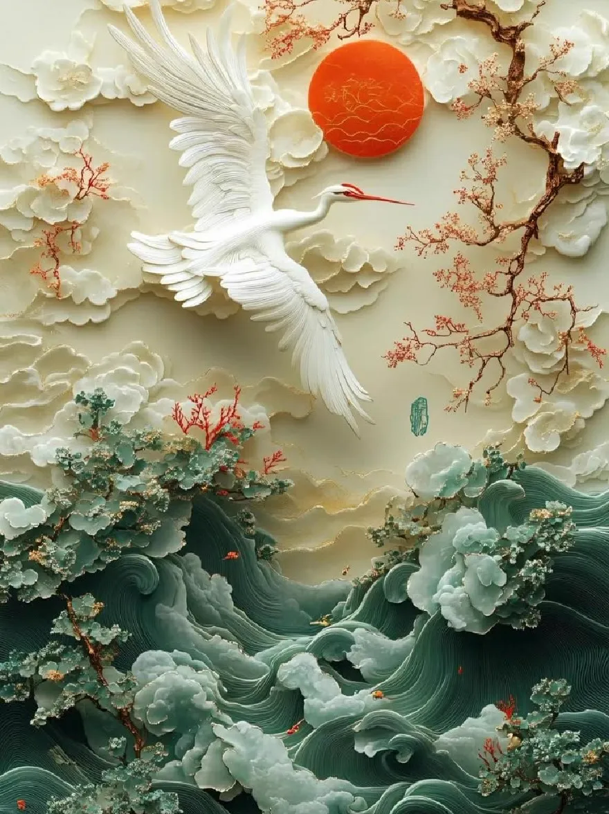 Русский промпт: A large, majestic white crane flying over a vast expanse of turbulent ocean waves, with a bright orange sun in the background. The crane has a long, slender neck and a long beak, and its wings are spread wide as it soars through the air. The scene is set against a backdrop of swirling clouds and vibrant coral-colored trees. The overall effect is one of serenity and beauty, with the crane's graceful movements and the vastness of the ocean below. The colors are vivid and captivating, with shades of blue, green, and white, creating a sense of depth and movement. The artwork is highly detailed and realistic, with intricate textures and shading that bring the scene to life. | Original prompt: A large, majestic white crane flying over a vast expanse of turbulent ocean waves, with a bright orange sun in the background. The crane has a long, slender neck and a long beak, and its wings are spread wide as it soars through the air. The scene is set against a backdrop of swirling clouds and vibrant coral-colored trees. The overall effect is one of serenity and beauty, with the crane's graceful movements and the vastness of the ocean below. The colors are vivid and captivating, with shades of blue, green, and white, creating a sense of depth and movement. The artwork is highly detailed and realistic, with intricate textures and shading that bring the scene to life.