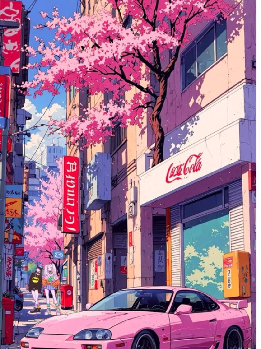 Русский промпт: A vibrant, anime-style digital painting of a pink Nissan Skyline R34 GT-R parked on a city street in Tokyo, Japan, surrounded by tall buildings with cherry blossom trees in full bloom. The street is lined with Japanese signs, including "Coca-Cola" and "Citroen", and there are two people walking alongside the car. The sky is clear and blue, with a few clouds scattered across it. The car is positioned in the center of the image, with the buildings on either side. The colors are bright and vivid, with shades of pink, white, and blue dominating the scene. | Original prompt: A vibrant, anime-style digital painting of a pink Nissan Skyline R34 GT-R parked on a city street in Tokyo, Japan, surrounded by tall buildings with cherry blossom trees in full bloom. The street is lined with Japanese signs, including "Coca-Cola" and "Citroen", and there are two people walking alongside the car. The sky is clear and blue, with a few clouds scattered across it. The car is positioned in the center of the image, with the buildings on either side. The colors are bright and vivid, with shades of pink, white, and blue dominating the scene.
