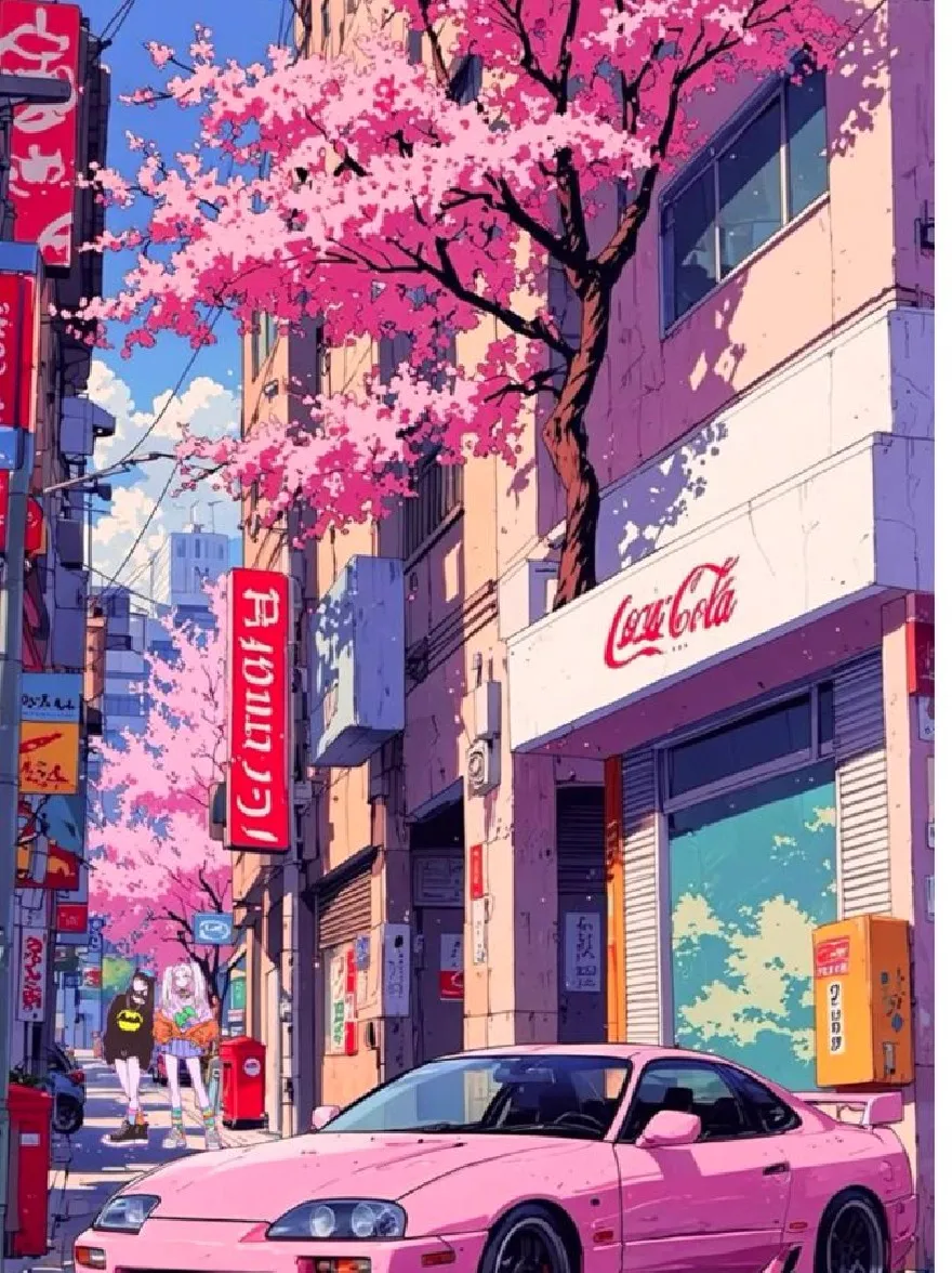 Русский промпт: A vibrant, anime-style digital painting of a pink Nissan Skyline R34 GT-R parked on a city street in Tokyo, Japan, surrounded by tall buildings with cherry blossom trees in full bloom. The street is lined with Japanese signs, including "Coca-Cola" and "Citroen", and there are two people walking alongside the car. The sky is clear and blue, with a few clouds scattered across it. The car is positioned in the center of the image, with the buildings on either side. The colors are bright and vivid, with shades of pink, white, and blue dominating the scene. | Original prompt: A vibrant, anime-style digital painting of a pink Nissan Skyline R34 GT-R parked on a city street in Tokyo, Japan, surrounded by tall buildings with cherry blossom trees in full bloom. The street is lined with Japanese signs, including "Coca-Cola" and "Citroen", and there are two people walking alongside the car. The sky is clear and blue, with a few clouds scattered across it. The car is positioned in the center of the image, with the buildings on either side. The colors are bright and vivid, with shades of pink, white, and blue dominating the scene.