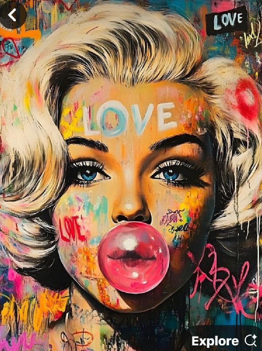 Русский промпт: A vibrant, abstract painting of Marilyn Monroe with a large pink bubblegum in her mouth. The background is filled with a mix of bright colors, including yellow, green, blue, and red, and is covered in graffiti with the word "LOVE" written in white. The painting has a pop art style, with bold lines and bright colors. The artist's signature is in the bottom right corner. | Original prompt: A vibrant, abstract painting of Marilyn Monroe with a large pink bubblegum in her mouth. The background is filled with a mix of bright colors, including yellow, green, blue, and red, and is covered in graffiti with the word "LOVE" written in white. The painting has a pop art style, with bold lines and bright colors. The artist's signature is in the bottom right corner.