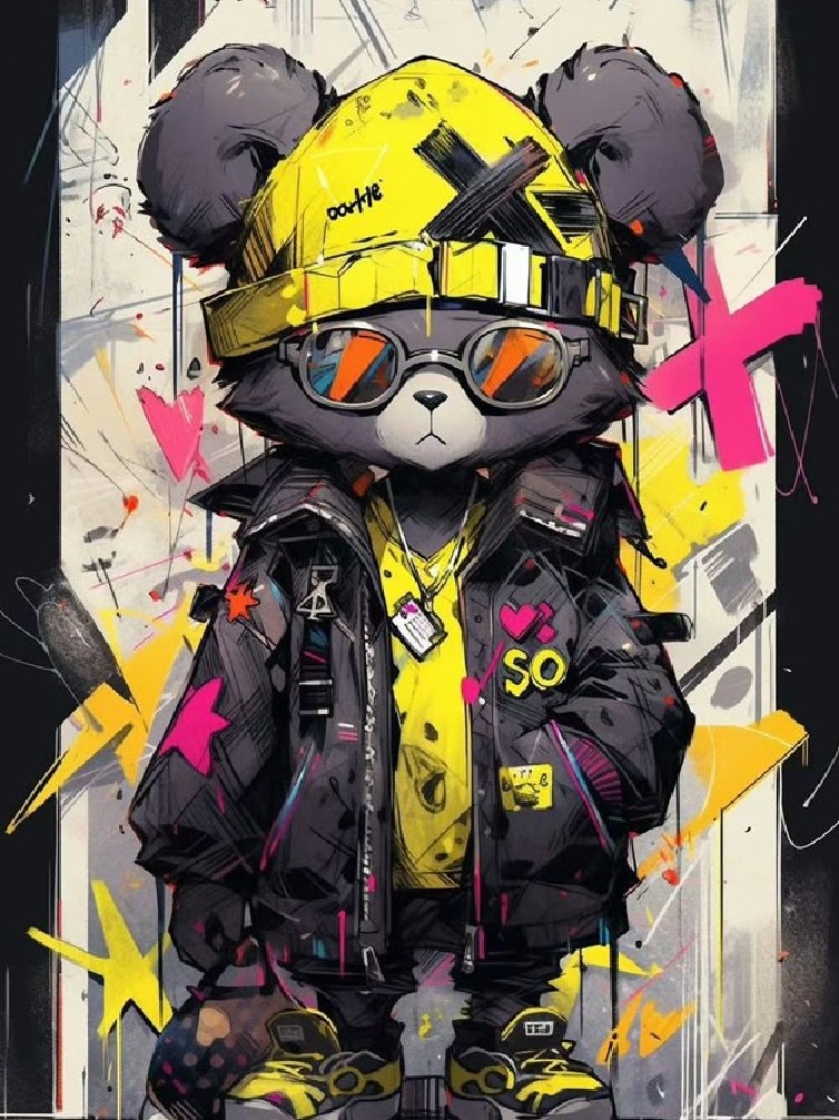 Русский промпт: A vibrant, cartoon-style illustration of a cute, teddy bear wearing a yellow hard hat, sunglasses, and a black jacket with pink accents. The bear has two large, round ears and is standing confidently in the center of the frame. The background is a grungy, abstract mix of yellow, pink, and white, with splashes of paint and geometric shapes. The overall style is reminiscent of graffiti art, with bold lines and bright colors. | Original prompt: A vibrant, cartoon-style illustration of a cute, teddy bear wearing a yellow hard hat, sunglasses, and a black jacket with pink accents. The bear has two large, round ears and is standing confidently in the center of the frame. The background is a grungy, abstract mix of yellow, pink, and white, with splashes of paint and geometric shapes. The overall style is reminiscent of graffiti art, with bold lines and bright colors.