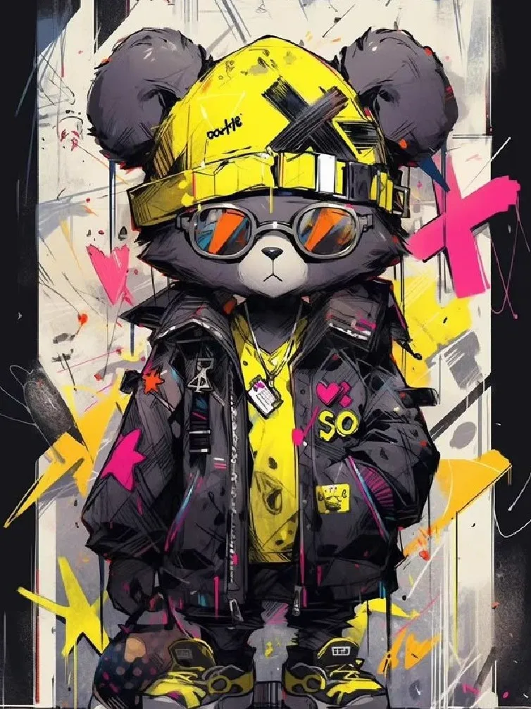 Русский промпт: A vibrant, cartoon-style illustration of a cute, teddy bear wearing a yellow hard hat, sunglasses, and a black jacket with pink accents. The bear has two large, round ears and is standing confidently in the center of the frame. The background is a grungy, abstract mix of yellow, pink, and white, with splashes of paint and geometric shapes. The overall style is reminiscent of graffiti art, with bold lines and bright colors. | Original prompt: A vibrant, cartoon-style illustration of a cute, teddy bear wearing a yellow hard hat, sunglasses, and a black jacket with pink accents. The bear has two large, round ears and is standing confidently in the center of the frame. The background is a grungy, abstract mix of yellow, pink, and white, with splashes of paint and geometric shapes. The overall style is reminiscent of graffiti art, with bold lines and bright colors.