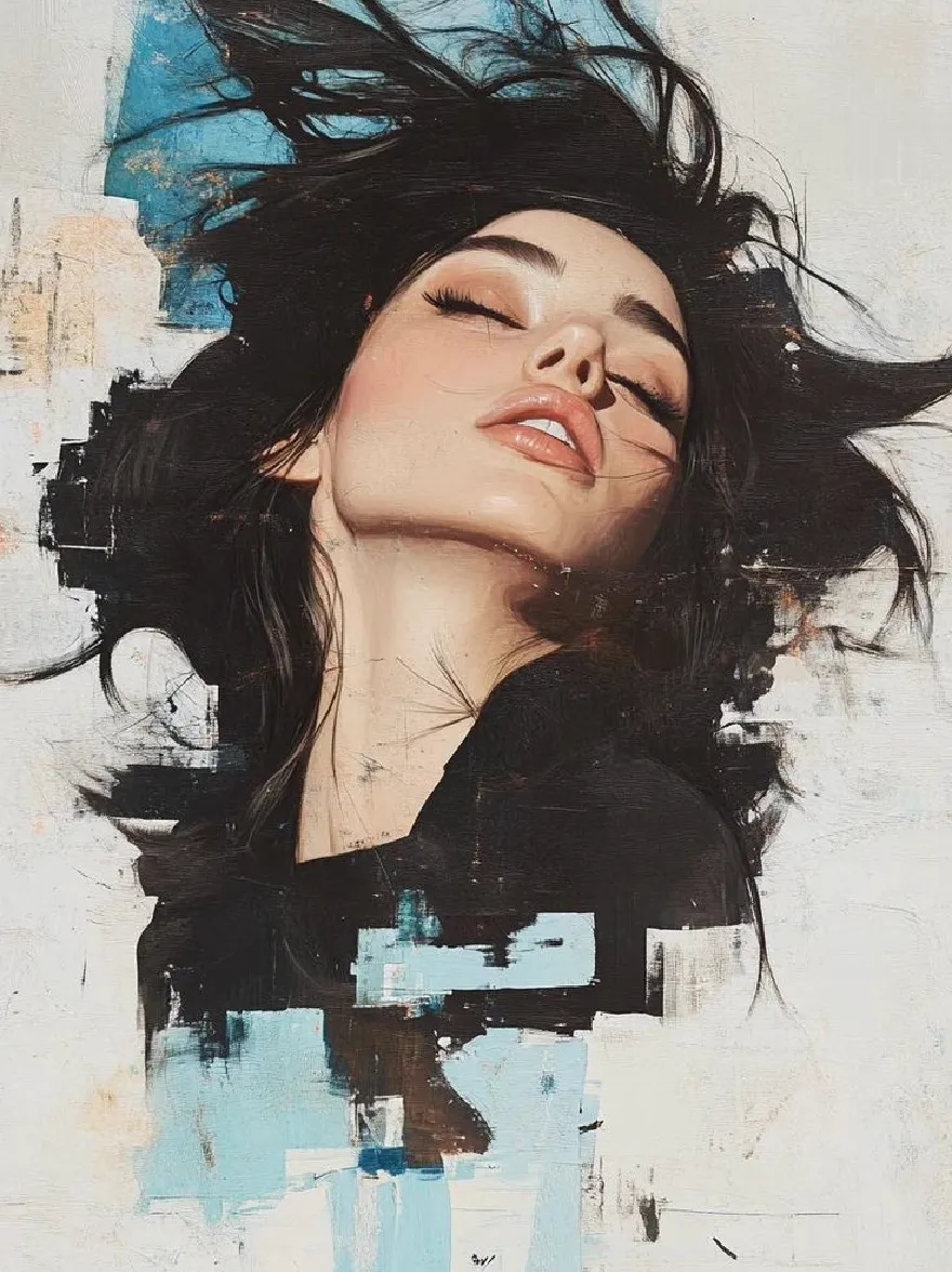 Русский промпт: A digital painting of a woman with long, wavy black hair, floating in the air with her eyes closed and a peaceful expression. She appears to be in her mid-twenties, with fair skin and a slender physique. Her hair is messy and unkempt, and she is wearing a black top. The background is abstract with blue and white brushstrokes, giving a grungy, artistic feel. The painting is done in a realistic style with a focus on texture and depth. The artist's signature is visible in the bottom right corner. | Original prompt: A digital painting of a woman with long, wavy black hair, floating in the air with her eyes closed and a peaceful expression. She appears to be in her mid-twenties, with fair skin and a slender physique. Her hair is messy and unkempt, and she is wearing a black top. The background is abstract with blue and white brushstrokes, giving a grungy, artistic feel. The painting is done in a realistic style with a focus on texture and depth. The artist's signature is visible in the bottom right corner.