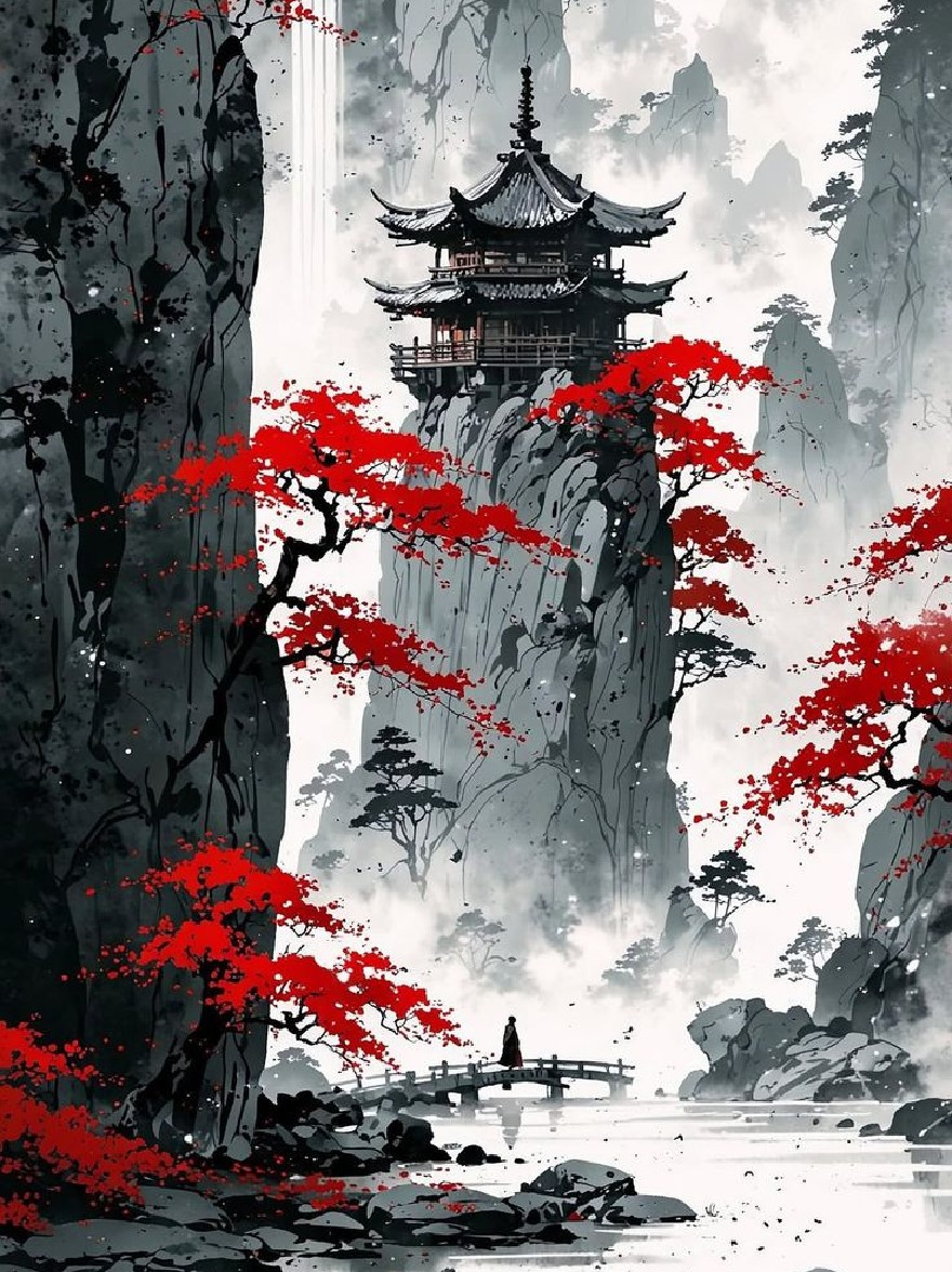 Русский промпт: A serene Japanese landscape featuring a traditional Chinese pagoda perched atop a rocky cliff overlooking a tranquil lake, surrounded by vibrant red cherry blossom trees. The scene is shrouded in mist, with a waterfall cascading down the rocky cliff in the background. The colors are predominantly black and white, with hints of red, creating a peaceful and serene atmosphere. The pagoda stands tall and proud, with intricate details and a timeless design. The lake reflects the beauty of the scene, with the cherry blossoms adding a splash of color to the otherwise monochromatic landscape. | Original prompt: A serene Japanese landscape featuring a traditional Chinese pagoda perched atop a rocky cliff overlooking a tranquil lake, surrounded by vibrant red cherry blossom trees. The scene is shrouded in mist, with a waterfall cascading down the rocky cliff in the background. The colors are predominantly black and white, with hints of red, creating a peaceful and serene atmosphere. The pagoda stands tall and proud, with intricate details and a timeless design. The lake reflects the beauty of the scene, with the cherry blossoms adding a splash of color to the otherwise monochromatic landscape.