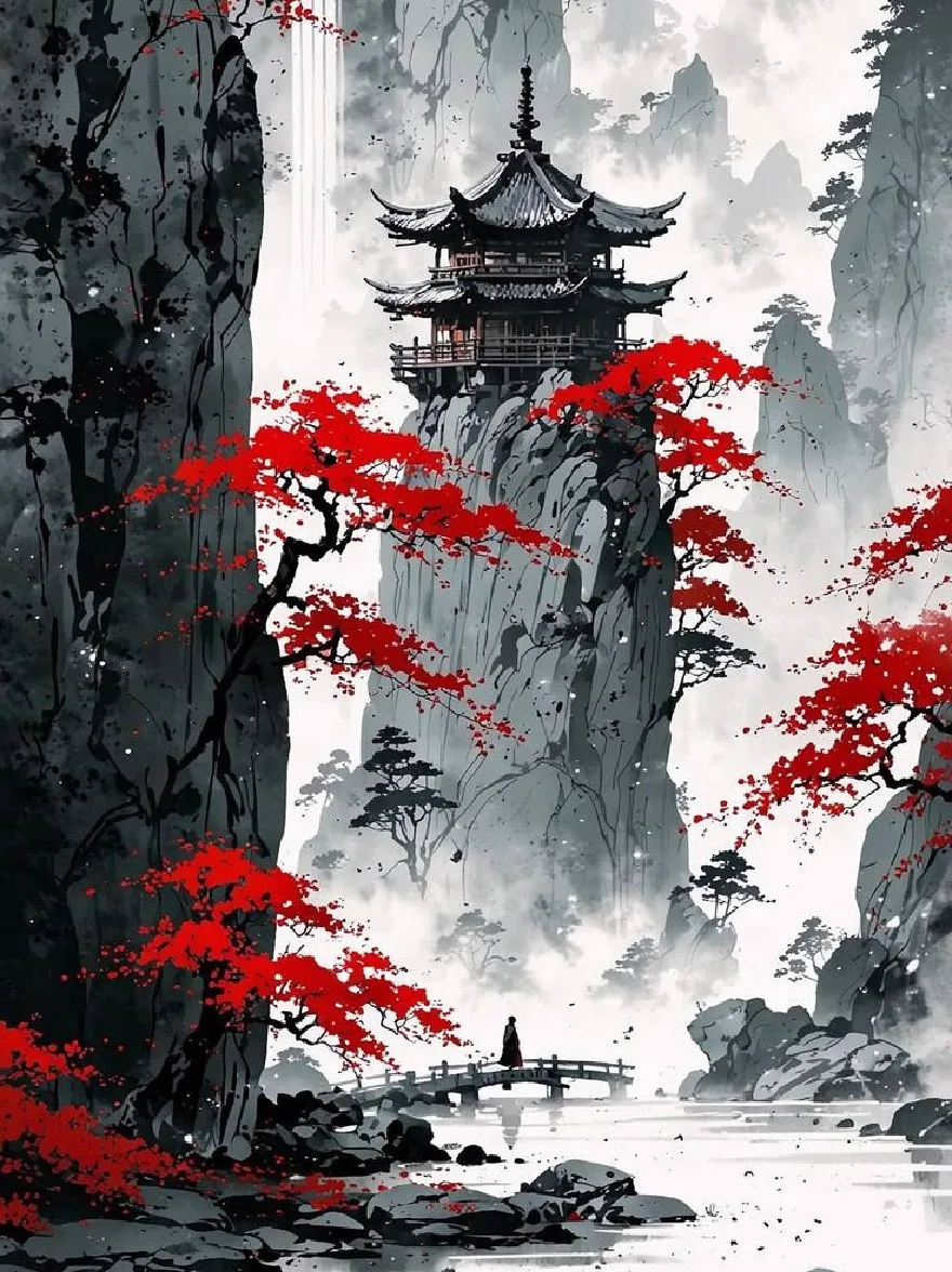 Русский промпт: A serene Japanese landscape featuring a traditional Chinese pagoda perched atop a rocky cliff overlooking a tranquil lake, surrounded by vibrant red cherry blossom trees. The scene is shrouded in mist, with a waterfall cascading down the rocky cliff in the background. The colors are predominantly black and white, with hints of red, creating a peaceful and serene atmosphere. The pagoda stands tall and proud, with intricate details and a timeless design. The lake reflects the beauty of the scene, with the cherry blossoms adding a splash of color to the otherwise monochromatic landscape. | Original prompt: A serene Japanese landscape featuring a traditional Chinese pagoda perched atop a rocky cliff overlooking a tranquil lake, surrounded by vibrant red cherry blossom trees. The scene is shrouded in mist, with a waterfall cascading down the rocky cliff in the background. The colors are predominantly black and white, with hints of red, creating a peaceful and serene atmosphere. The pagoda stands tall and proud, with intricate details and a timeless design. The lake reflects the beauty of the scene, with the cherry blossoms adding a splash of color to the otherwise monochromatic landscape.