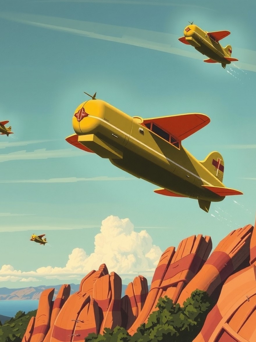 Русский промпт: Крупнейший каталлог промптов для нейросетей MidJourney, Stable Duffusion, Flux, Imagen, Sora и др... | Original prompt: Anne Rothenstein's painting depicting flying cars