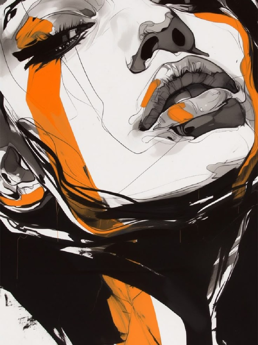 Русский промпт: A digital illustration of a woman's face in a monochrome, abstract style with bold lines and bright orange accents. The woman has a serene expression, with her eyes closed and her lips slightly parted. Her hair is styled in loose waves and falls down her back. The background is predominantly black and white, with streaks of orange extending across her face. The style is reminiscent of modern art with a minimalist aesthetic. The image is highly detailed and expressive, with a focus on the woman's features and expression. The artist's signature is in the bottom right corner. | Original prompt: A digital illustration of a woman's face in a monochrome, abstract style with bold lines and bright orange accents. The woman has a serene expression, with her eyes closed and her lips slightly parted. Her hair is styled in loose waves and falls down her back. The background is predominantly black and white, with streaks of orange extending across her face. The style is reminiscent of modern art with a minimalist aesthetic. The image is highly detailed and expressive, with a focus on the woman's features and expression. The artist's signature is in the bottom right corner.