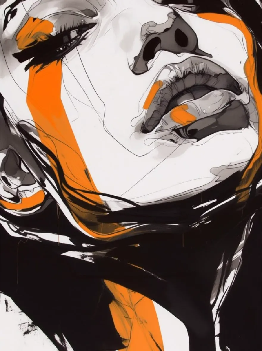 Русский промпт: A digital illustration of a woman's face in a monochrome, abstract style with bold lines and bright orange accents. The woman has a serene expression, with her eyes closed and her lips slightly parted. Her hair is styled in loose waves and falls down her back. The background is predominantly black and white, with streaks of orange extending across her face. The style is reminiscent of modern art with a minimalist aesthetic. The image is highly detailed and expressive, with a focus on the woman's features and expression. The artist's signature is in the bottom right corner. | Original prompt: A digital illustration of a woman's face in a monochrome, abstract style with bold lines and bright orange accents. The woman has a serene expression, with her eyes closed and her lips slightly parted. Her hair is styled in loose waves and falls down her back. The background is predominantly black and white, with streaks of orange extending across her face. The style is reminiscent of modern art with a minimalist aesthetic. The image is highly detailed and expressive, with a focus on the woman's features and expression. The artist's signature is in the bottom right corner.