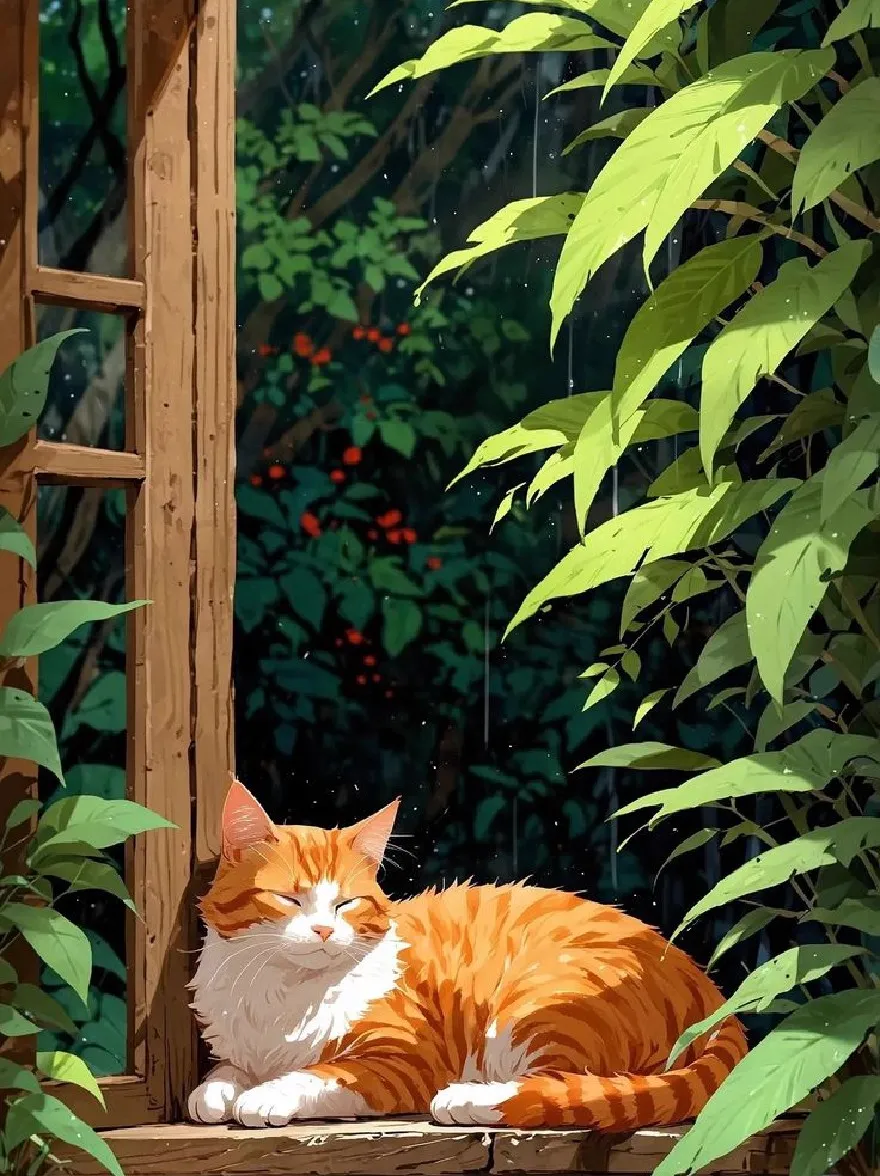 Русский промпт: Anime-style illustration of an orange and white cat sleeping peacefully on a wooden window sill in a lush, green garden. The cat is curled up with its eyes closed, and its fur is soft and fluffy. The window is made of wood and has a wooden frame. On either side of the cat, there are potted plants with green leaves, adding a touch of greenery to the scene. The background is filled with dense foliage, including trees and shrubs, creating a peaceful and serene atmosphere. The overall mood is tranquil and peaceful, with a sense of serenity and tranquility. | Original prompt: Anime-style illustration of an orange and white cat sleeping peacefully on a wooden window sill in a lush, green garden. The cat is curled up with its eyes closed, and its fur is soft and fluffy. The window is made of wood and has a wooden frame. On either side of the cat, there are potted plants with green leaves, adding a touch of greenery to the scene. The background is filled with dense foliage, including trees and shrubs, creating a peaceful and serene atmosphere. The overall mood is tranquil and peaceful, with a sense of serenity and tranquility.