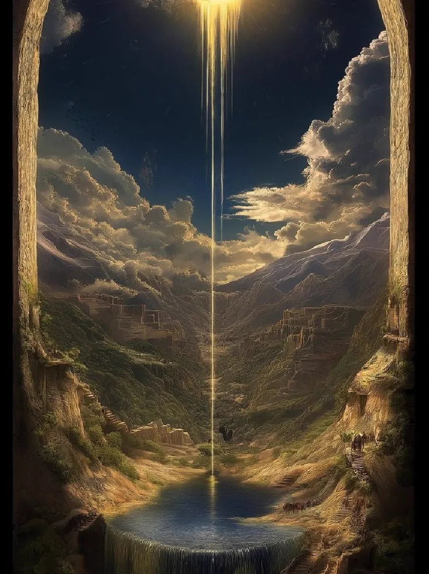 Русский промпт: A surreal, ethereal scene depicting a large, full moon rising over a vast, barren landscape, with a waterfall cascading down into a lake below. The sky is filled with dark, ominous clouds, and the lake is still and calm, reflecting the light from the moon. The scene is framed by a stone archway, which extends into the distance, creating a sense of depth and dimensionality. The colors are mostly earthy tones, with hints of blue and green, giving the scene a dreamlike quality. The overall mood is one of awe and wonder at the beauty of the night sky. | Original prompt: A surreal, ethereal scene depicting a large, full moon rising over a vast, barren landscape, with a waterfall cascading down into a lake below. The sky is filled with dark, ominous clouds, and the lake is still and calm, reflecting the light from the moon. The scene is framed by a stone archway, which extends into the distance, creating a sense of depth and dimensionality. The colors are mostly earthy tones, with hints of blue and green, giving the scene a dreamlike quality. The overall mood is one of awe and wonder at the beauty of the night sky.