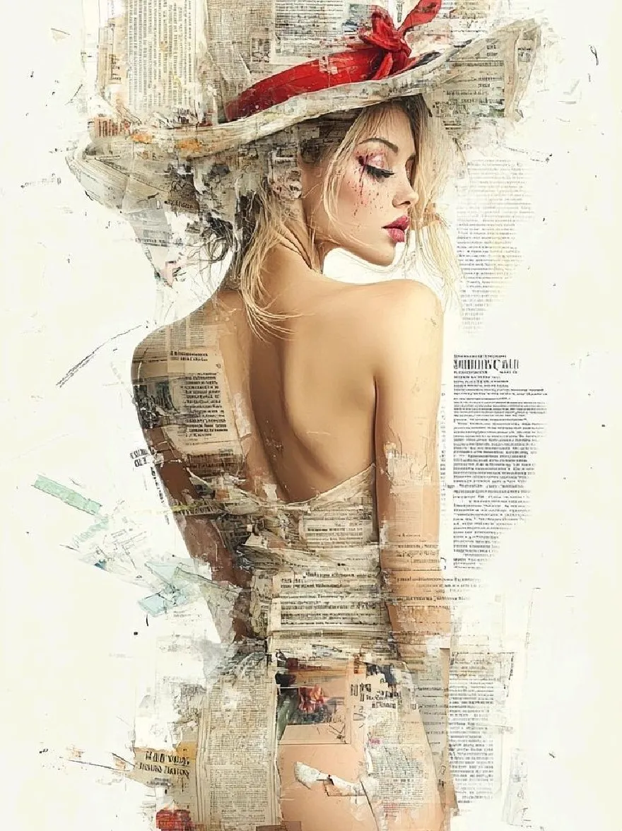 Русский промпт: A digital painting of a woman with pale skin and blonde hair, wearing a large red hat with a red ribbon. She is standing with her back to the viewer, looking over her shoulder with a sultry expression. The background is a collage of various newspaper pages and text, creating a unique and artistic composition. The woman is wearing a torn piece of paper around her body, adding to the artistic feel of the image. The colors are muted and earthy, with a focus on the woman's figure and the texture of the paper. The overall effect is one of sophistication and elegance. | Original prompt: A digital painting of a woman with pale skin and blonde hair, wearing a large red hat with a red ribbon. She is standing with her back to the viewer, looking over her shoulder with a sultry expression. The background is a collage of various newspaper pages and text, creating a unique and artistic composition. The woman is wearing a torn piece of paper around her body, adding to the artistic feel of the image. The colors are muted and earthy, with a focus on the woman's figure and the texture of the paper. The overall effect is one of sophistication and elegance.