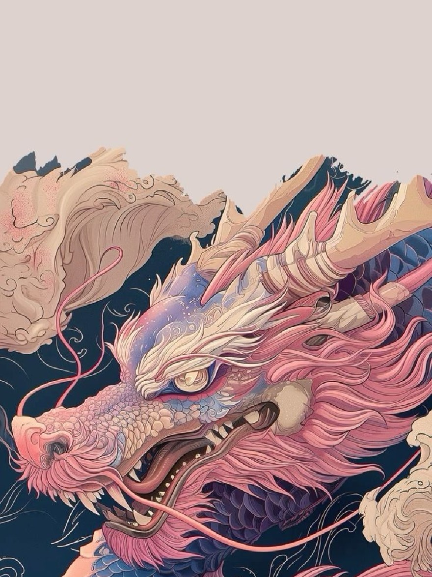 Русский промпт: A detailed digital illustration of a mythical dragon with a fierce expression, featuring a combination of blue scales and pink fur. The dragon has a long, flowing mane of pink hair, and its eyes are a striking yellow. Its mouth is open, revealing sharp teeth. The background is a deep navy blue with wavy patterns, and the dragon is surrounded by a soft, ethereal light. The style is reminiscent of traditional Japanese art, with a focus on intricate details and vibrant colors. The overall effect is one of strength and power. | Original prompt: A detailed digital illustration of a mythical dragon with a fierce expression, featuring a combination of blue scales and pink fur. The dragon has a long, flowing mane of pink hair, and its eyes are a striking yellow. Its mouth is open, revealing sharp teeth. The background is a deep navy blue with wavy patterns, and the dragon is surrounded by a soft, ethereal light. The style is reminiscent of traditional Japanese art, with a focus on intricate details and vibrant colors. The overall effect is one of strength and power.