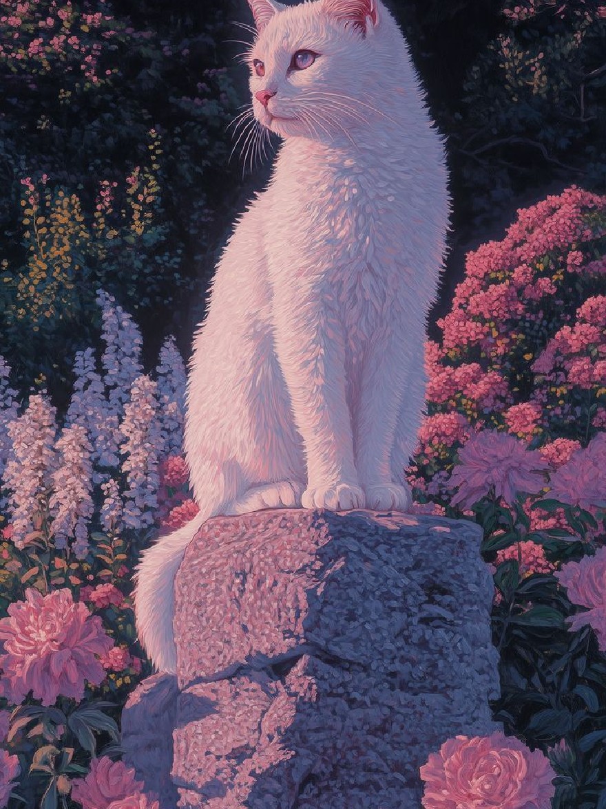 Русский промпт: A whimsical digital painting of a white cat with blue eyes sitting atop a stone pedestal surrounded by pink and white flowers. The cat has a fluffy texture and is looking directly at the viewer with a curious expression. The background is filled with lush greenery and a dark, starry night sky. The lighting is soft and warm, creating a serene atmosphere. The style is realistic with a touch of fantasy, with a focus on texture and depth. The overall effect is one of beauty and serenity. | Original prompt: A whimsical digital painting of a white cat with blue eyes sitting atop a stone pedestal surrounded by pink and white flowers. The cat has a fluffy texture and is looking directly at the viewer with a curious expression. The background is filled with lush greenery and a dark, starry night sky. The lighting is soft and warm, creating a serene atmosphere. The style is realistic with a touch of fantasy, with a focus on texture and depth. The overall effect is one of beauty and serenity.