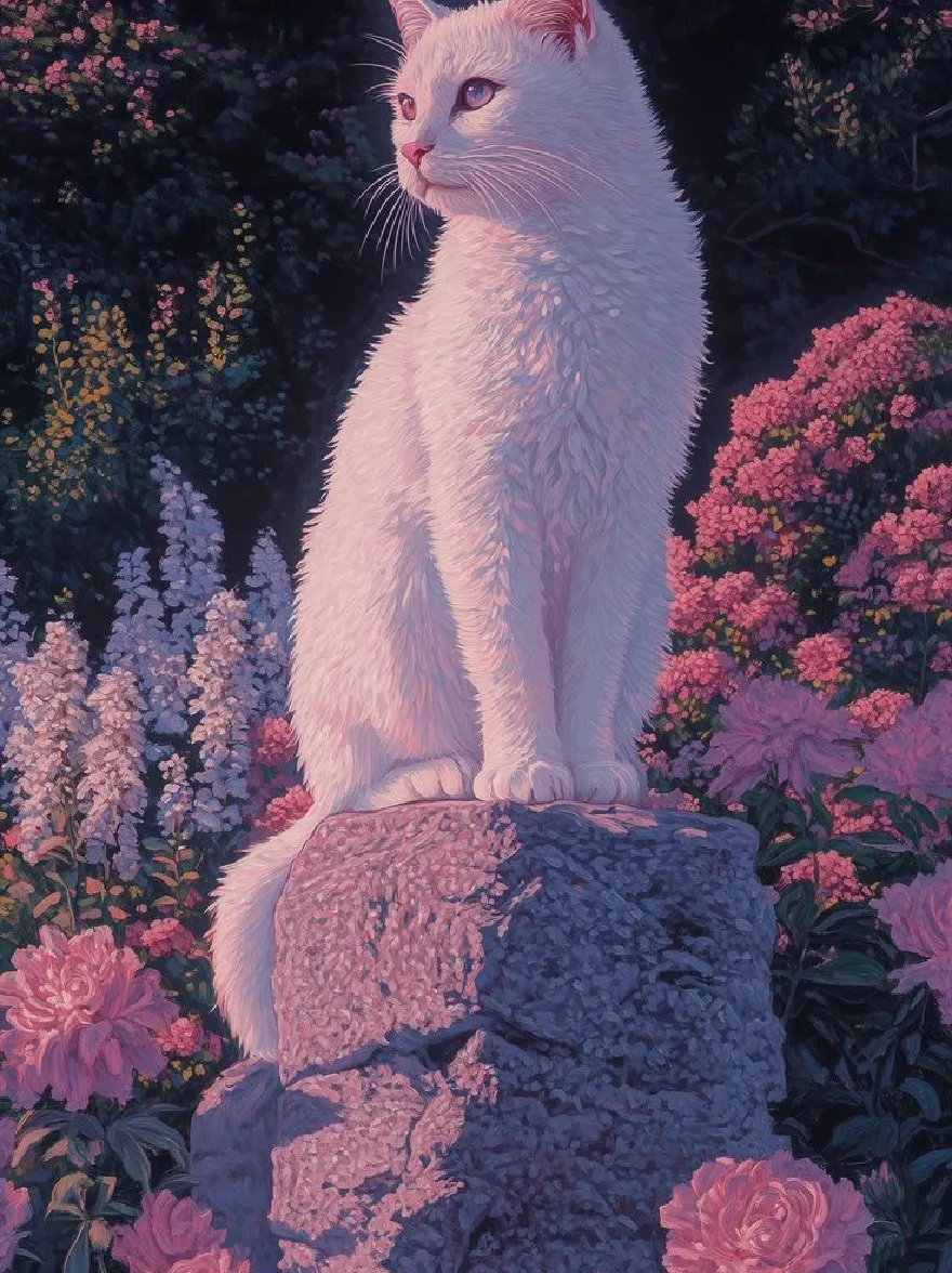 Русский промпт: A whimsical digital painting of a white cat with blue eyes sitting atop a stone pedestal surrounded by pink and white flowers. The cat has a fluffy texture and is looking directly at the viewer with a curious expression. The background is filled with lush greenery and a dark, starry night sky. The lighting is soft and warm, creating a serene atmosphere. The style is realistic with a touch of fantasy, with a focus on texture and depth. The overall effect is one of beauty and serenity. | Original prompt: A whimsical digital painting of a white cat with blue eyes sitting atop a stone pedestal surrounded by pink and white flowers. The cat has a fluffy texture and is looking directly at the viewer with a curious expression. The background is filled with lush greenery and a dark, starry night sky. The lighting is soft and warm, creating a serene atmosphere. The style is realistic with a touch of fantasy, with a focus on texture and depth. The overall effect is one of beauty and serenity.