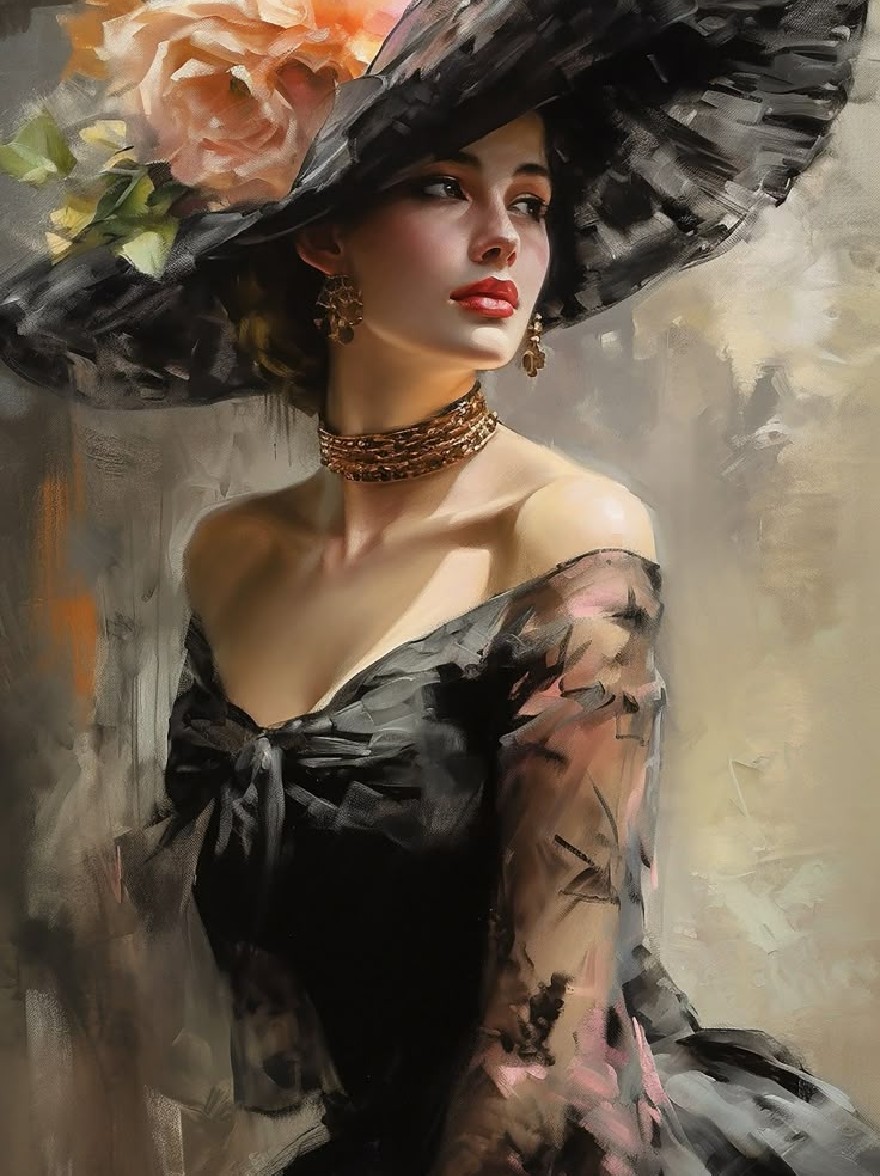 Русский промпт: A highly detailed, realistic painting of a woman wearing a black dress with sheer sleeves and a large, wide-brimmed black hat adorned with a large pink rose. The woman has a fair complexion and is wearing a gold choker and earrings. She has a serious expression and is looking directly at the viewer. The background is a soft, muted color with a subtle texture. The lighting is soft and warm, highlighting her delicate features and the intricate details of her dress and hat. The style is reminiscent of Victorian art with a touch of sophistication. | Original prompt: A highly detailed, realistic painting of a woman wearing a black dress with sheer sleeves and a large, wide-brimmed black hat adorned with a large pink rose. The woman has a fair complexion and is wearing a gold choker and earrings. She has a serious expression and is looking directly at the viewer. The background is a soft, muted color with a subtle texture. The lighting is soft and warm, highlighting her delicate features and the intricate details of her dress and hat. The style is reminiscent of Victorian art with a touch of sophistication.