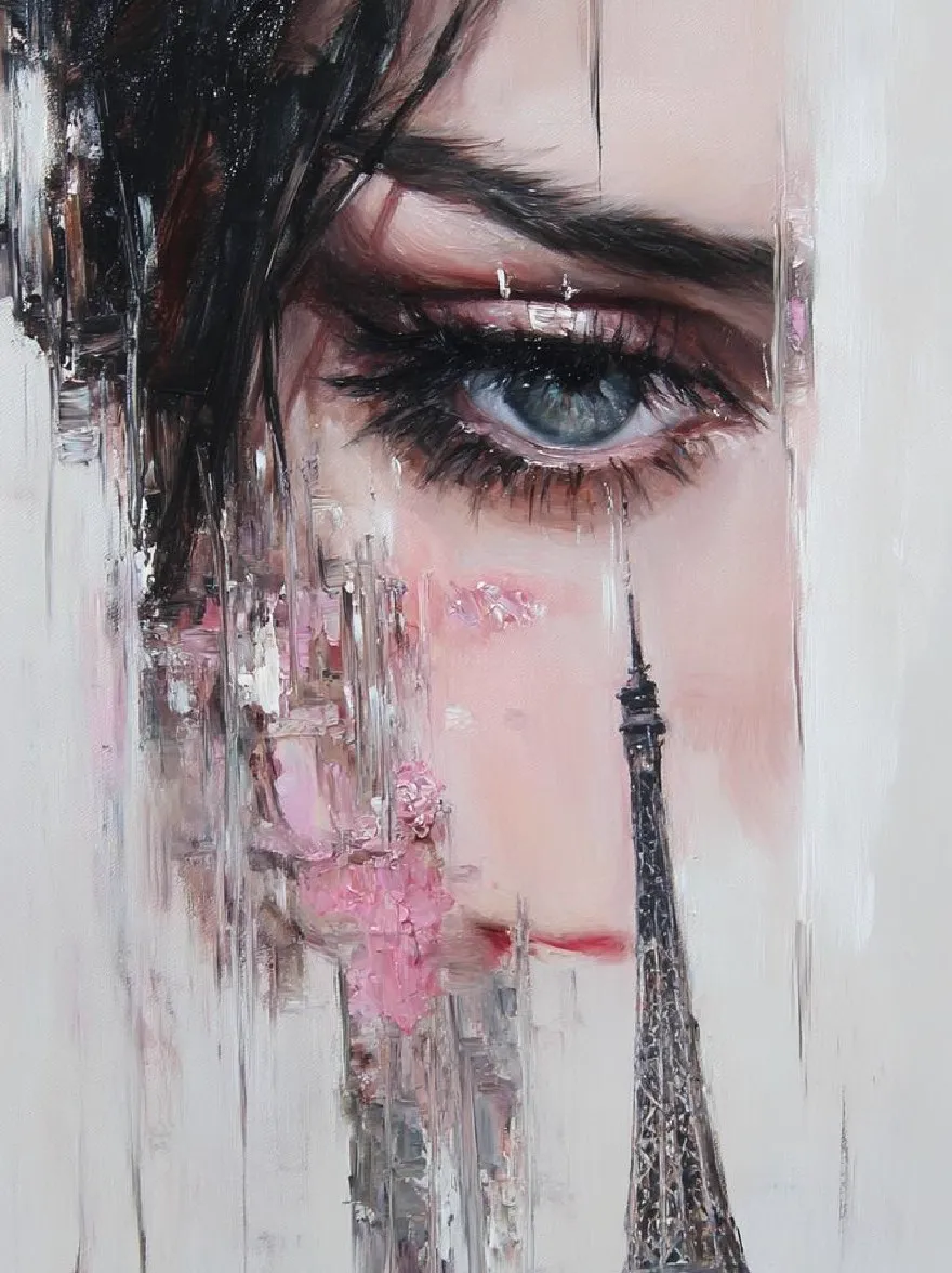 Русский промпт: A close-up painting of a woman's face with a melancholic expression, tears streaming down her face, and the Eiffel Tower in the background. The woman has pale skin, blue eyes, and black hair styled in a messy updo. The painting is done in a realistic style with a focus on texture and detail, featuring a mix of abstract shapes and lines. The background is a stark white, with the Eifel Tower standing tall in the bottom right corner. The overall mood is one of sadness and longing, conveying a sense of longing and despair. | Original prompt: A close-up painting of a woman's face with a melancholic expression, tears streaming down her face, and the Eiffel Tower in the background. The woman has pale skin, blue eyes, and black hair styled in a messy updo. The painting is done in a realistic style with a focus on texture and detail, featuring a mix of abstract shapes and lines. The background is a stark white, with the Eifel Tower standing tall in the bottom right corner. The overall mood is one of sadness and longing, conveying a sense of longing and despair.
