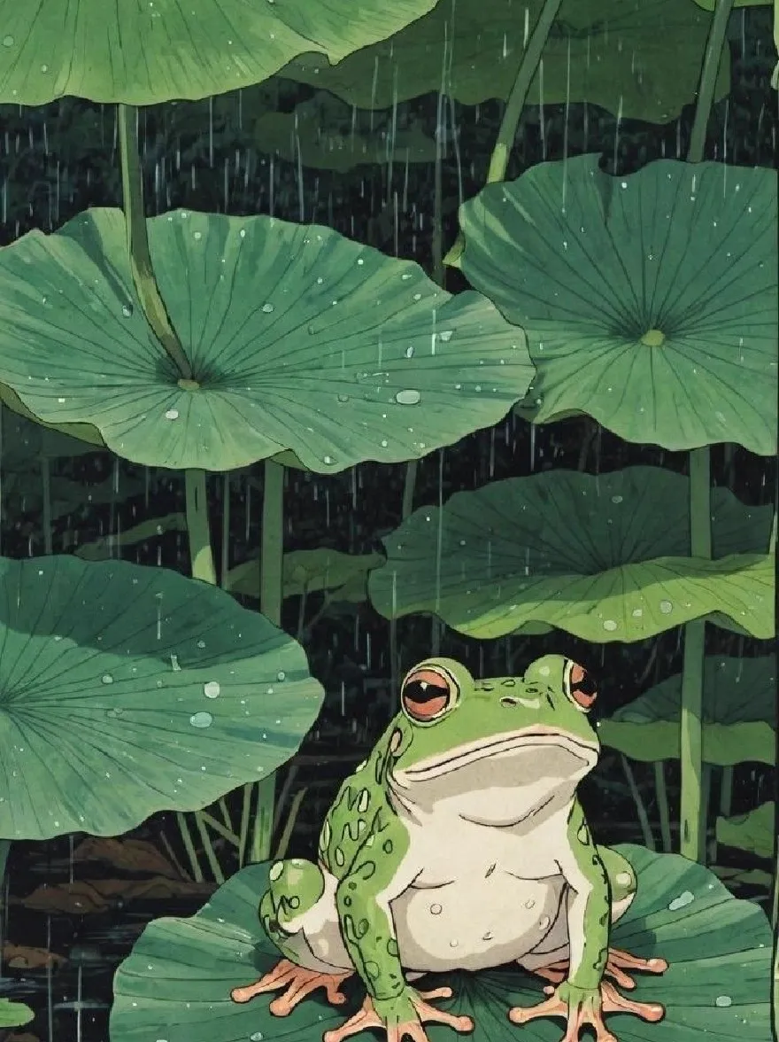 Русский промпт: Anime-style illustration of a green frog sitting on a large lily pad in a pond, surrounded by large, dark green leaves with water droplets on them. The frog has a light green skin with darker spots, red eyes, and a relaxed expression. The background is filled with more lily pads, creating a serene and peaceful atmosphere. The art style is detailed and vibrant, with a focus on the frog's cheerful expression and the texture of the leaves. The overall mood is peaceful and tranquil. | Original prompt: Anime-style illustration of a green frog sitting on a large lily pad in a pond, surrounded by large, dark green leaves with water droplets on them. The frog has a light green skin with darker spots, red eyes, and a relaxed expression. The background is filled with more lily pads, creating a serene and peaceful atmosphere. The art style is detailed and vibrant, with a focus on the frog's cheerful expression and the texture of the leaves. The overall mood is peaceful and tranquil.