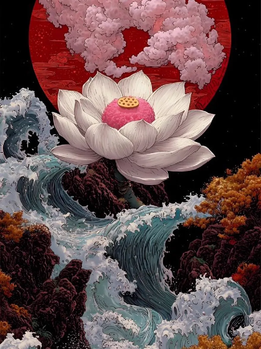 Русский промпт: A surreal digital illustration featuring a large white lotus flower with a pink center, surrounded by swirling blue and white waves crashing against rocky shoreline. The background is a deep red circle with a few pink clouds floating around it. The colors are predominantly earthy tones, with hints of orange and yellow, creating a serene and peaceful atmosphere. The artwork has a dreamy, surreal feel to it, with intricate details and a sense of depth and dimensionality. The overall effect is one of beauty and serenity. | Original prompt: A surreal digital illustration featuring a large white lotus flower with a pink center, surrounded by swirling blue and white waves crashing against rocky shoreline. The background is a deep red circle with a few pink clouds floating around it. The colors are predominantly earthy tones, with hints of orange and yellow, creating a serene and peaceful atmosphere. The artwork has a dreamy, surreal feel to it, with intricate details and a sense of depth and dimensionality. The overall effect is one of beauty and serenity.