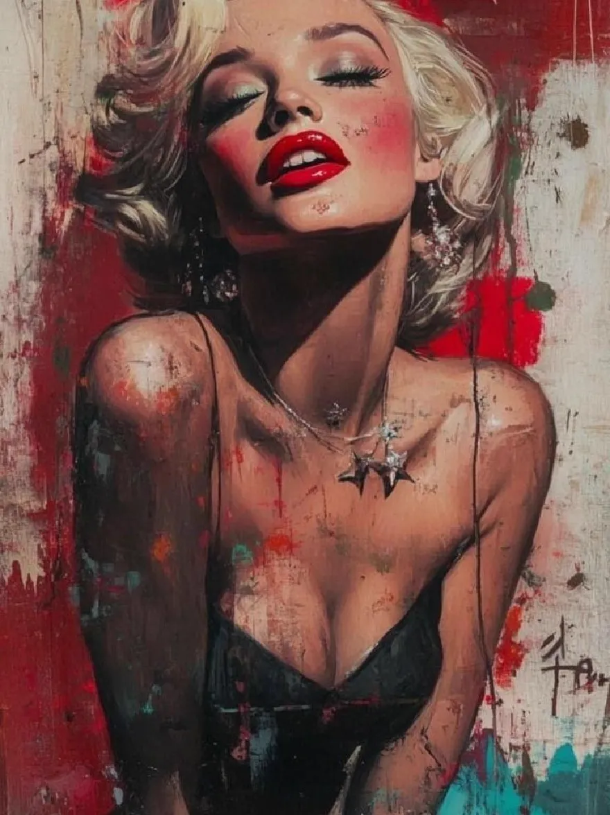 Русский промпт: A highly detailed, realistic painting of Marilyn Monroe, a famous American actress, with a striking, glamorous look. She has blonde hair styled in a voluminous updo and is wearing a black strapless dress with a plunging neckline that accentuates her large breasts. Her lips are painted red, and she has a star-shaped necklace around her neck. The background is a vibrant mix of red, white, and turquoise, with splatters of paint and grungy texture. The style is reminiscent of pop art, with bold lines and bright colors that bring out the glamour of the image. The woman's expression is confident and alluring, with her eyes closed and her lips slightly parted. | Original prompt: A highly detailed, realistic painting of Marilyn Monroe, a famous American actress, with a striking, glamorous look. She has blonde hair styled in a voluminous updo and is wearing a black strapless dress with a plunging neckline that accentuates her large breasts. Her lips are painted red, and she has a star-shaped necklace around her neck. The background is a vibrant mix of red, white, and turquoise, with splatters of paint and grungy texture. The style is reminiscent of pop art, with bold lines and bright colors that bring out the glamour of the image. The woman's expression is confident and alluring, with her eyes closed and her lips slightly parted.