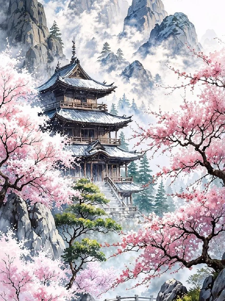 Русский промпт: A stunning Japanese painting of a traditional pagoda nestled in a mountainous landscape, surrounded by cherry blossom trees in full bloom. The pagoda is intricately designed with traditional Japanese architecture, featuring tall wooden frames and intricate details. The sky is filled with fluffy white clouds, and the mountains in the background provide a majestic backdrop. The scene is peaceful and serene, with a tranquil atmosphere. The colors are vibrant and the brushstrokes are delicate, creating a beautiful and detailed representation of the beauty of nature. | Original prompt: A stunning Japanese painting of a traditional pagoda nestled in a mountainous landscape, surrounded by cherry blossom trees in full bloom. The pagoda is intricately designed with traditional Japanese architecture, featuring tall wooden frames and intricate details. The sky is filled with fluffy white clouds, and the mountains in the background provide a majestic backdrop. The scene is peaceful and serene, with a tranquil atmosphere. The colors are vibrant and the brushstrokes are delicate, creating a beautiful and detailed representation of the beauty of nature.