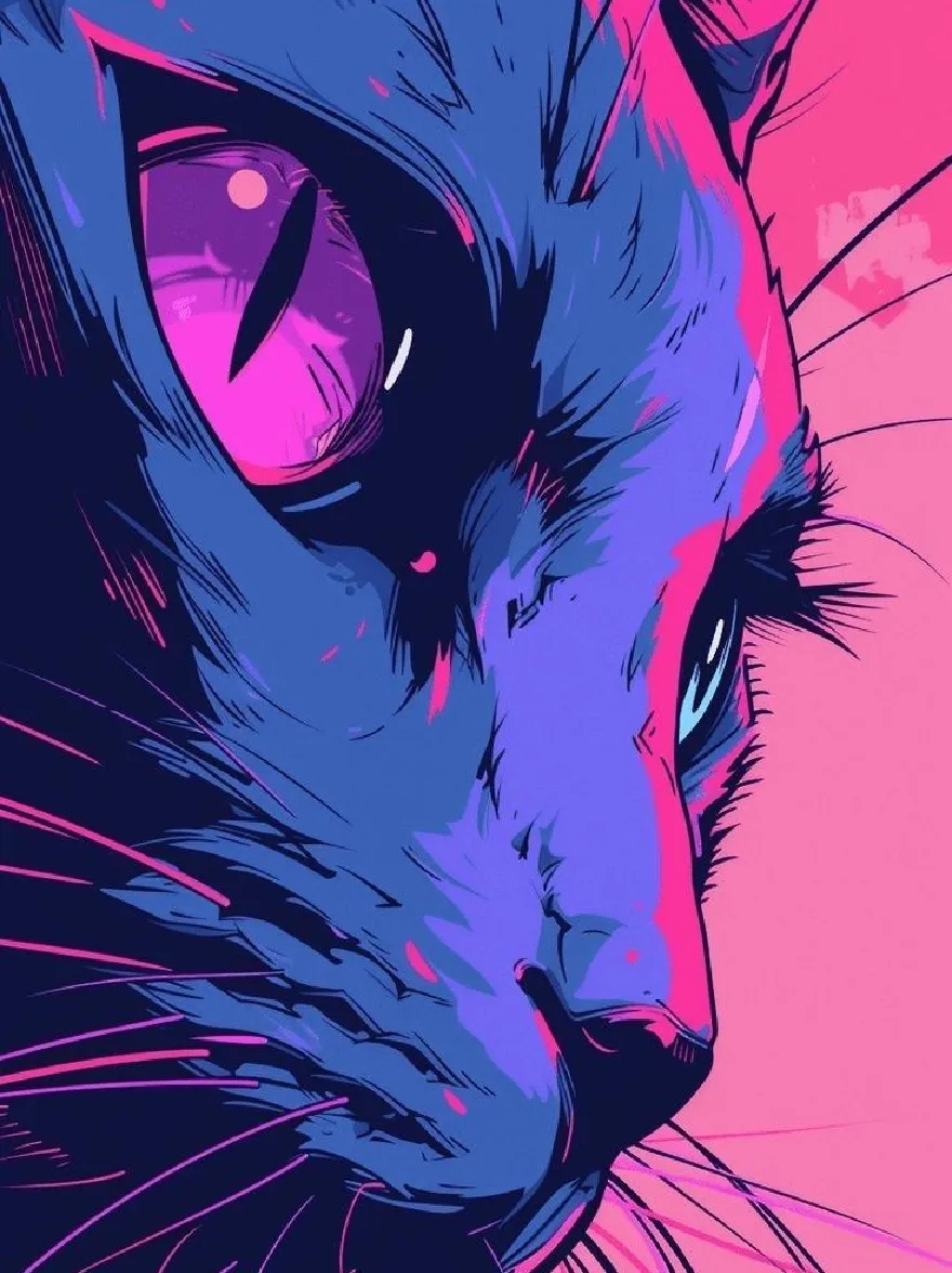 Русский промпт: A close-up portrait of a cat's face, captured in a monochromatic style with bold lines and vibrant colors. The cat's eyes are large and expressive, with a deep purple hue, and its whiskers are visible. The background is a gradient of pink and purple, creating a striking contrast. The style is reminiscent of pop art, with bold outlines and a minimalist aesthetic. The focus is on the cat's head and upper body, making it the focal point of the image. | Original prompt: A close-up portrait of a cat's face, captured in a monochromatic style with bold lines and vibrant colors. The cat's eyes are large and expressive, with a deep purple hue, and its whiskers are visible. The background is a gradient of pink and purple, creating a striking contrast. The style is reminiscent of pop art, with bold outlines and a minimalist aesthetic. The focus is on the cat's head and upper body, making it the focal point of the image.